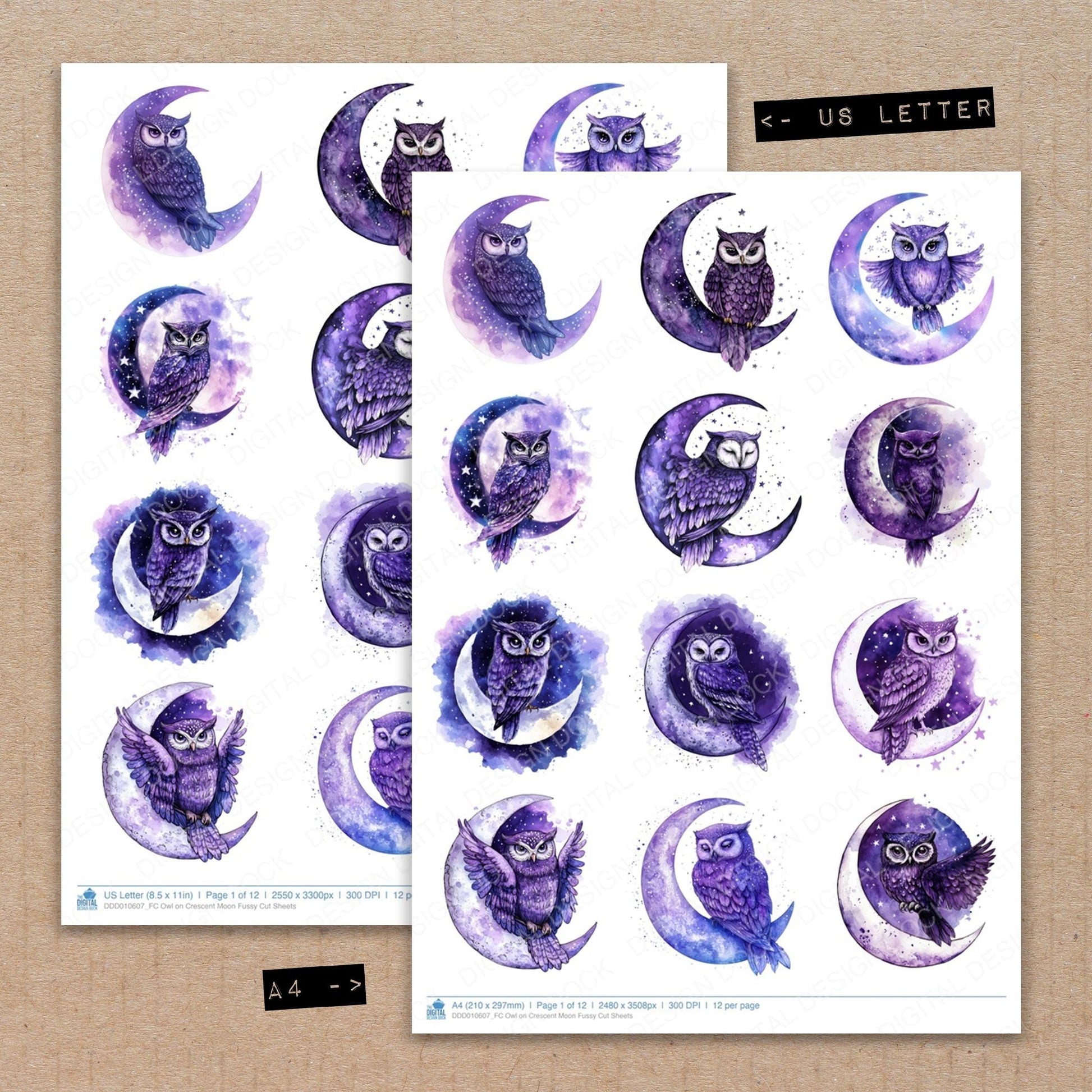 DDD010607_FC Owl on Crescent Moon Fussy Cut Sheets