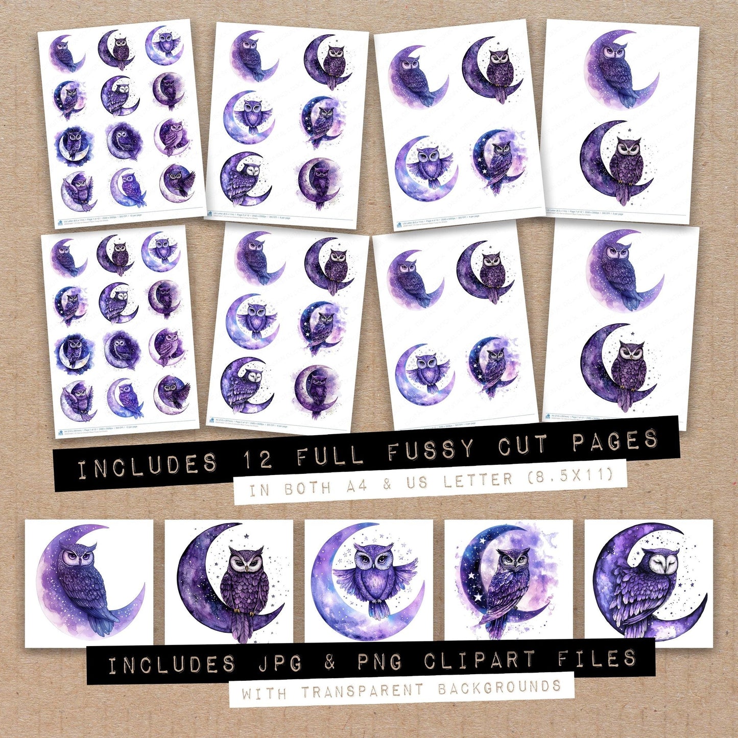 DDD010607_FC Owl on Crescent Moon Fussy Cut Sheets