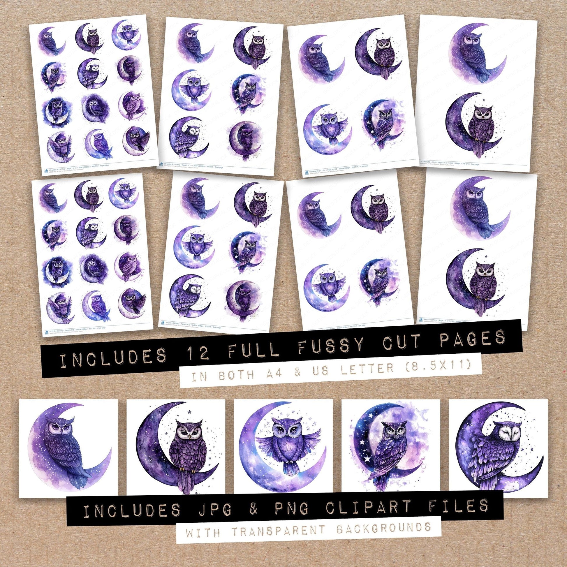 DDD010607_FC Owl on Crescent Moon Fussy Cut Sheets