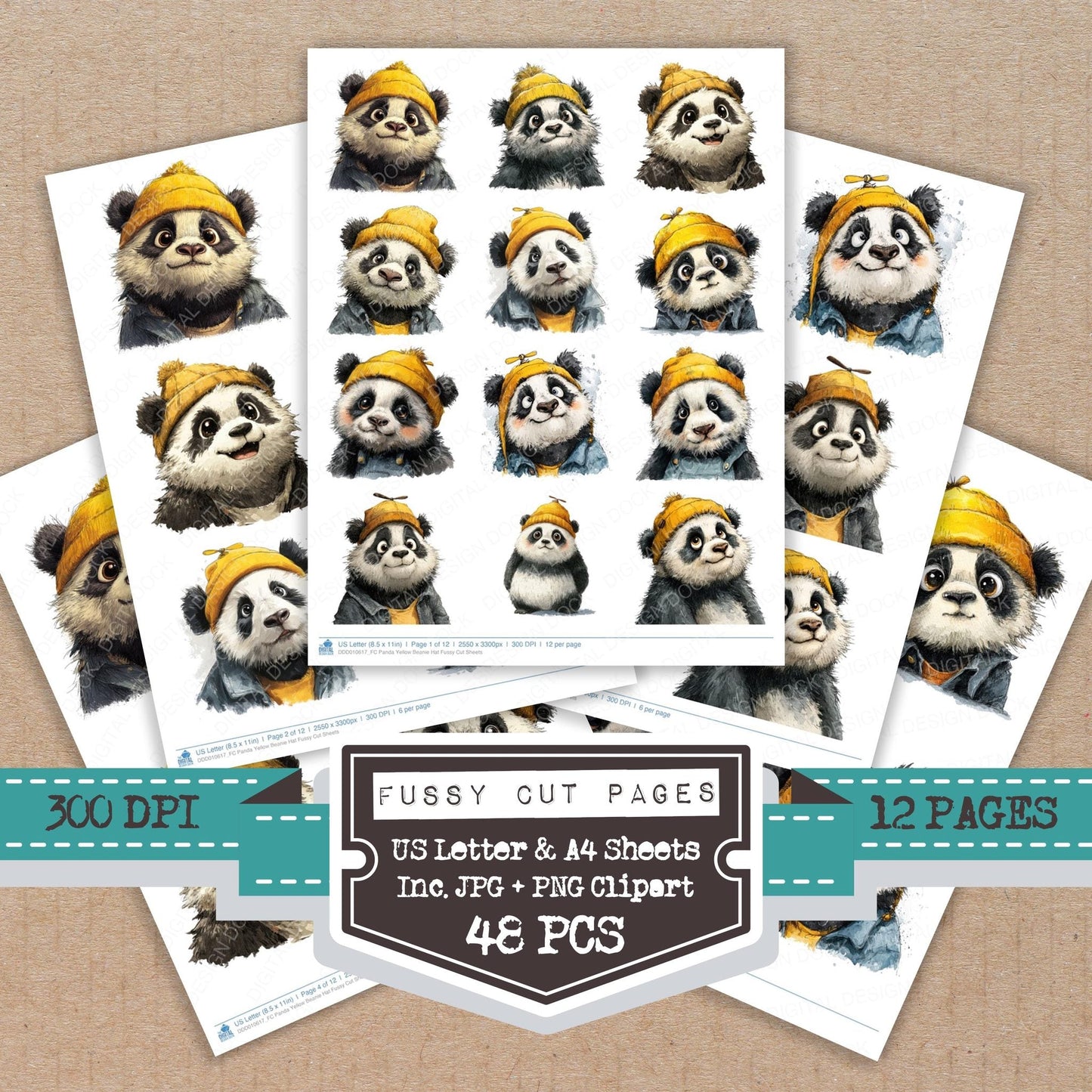 DDD010617_FC Panda Yellow Beanie Hat Fussy Cut Sheets