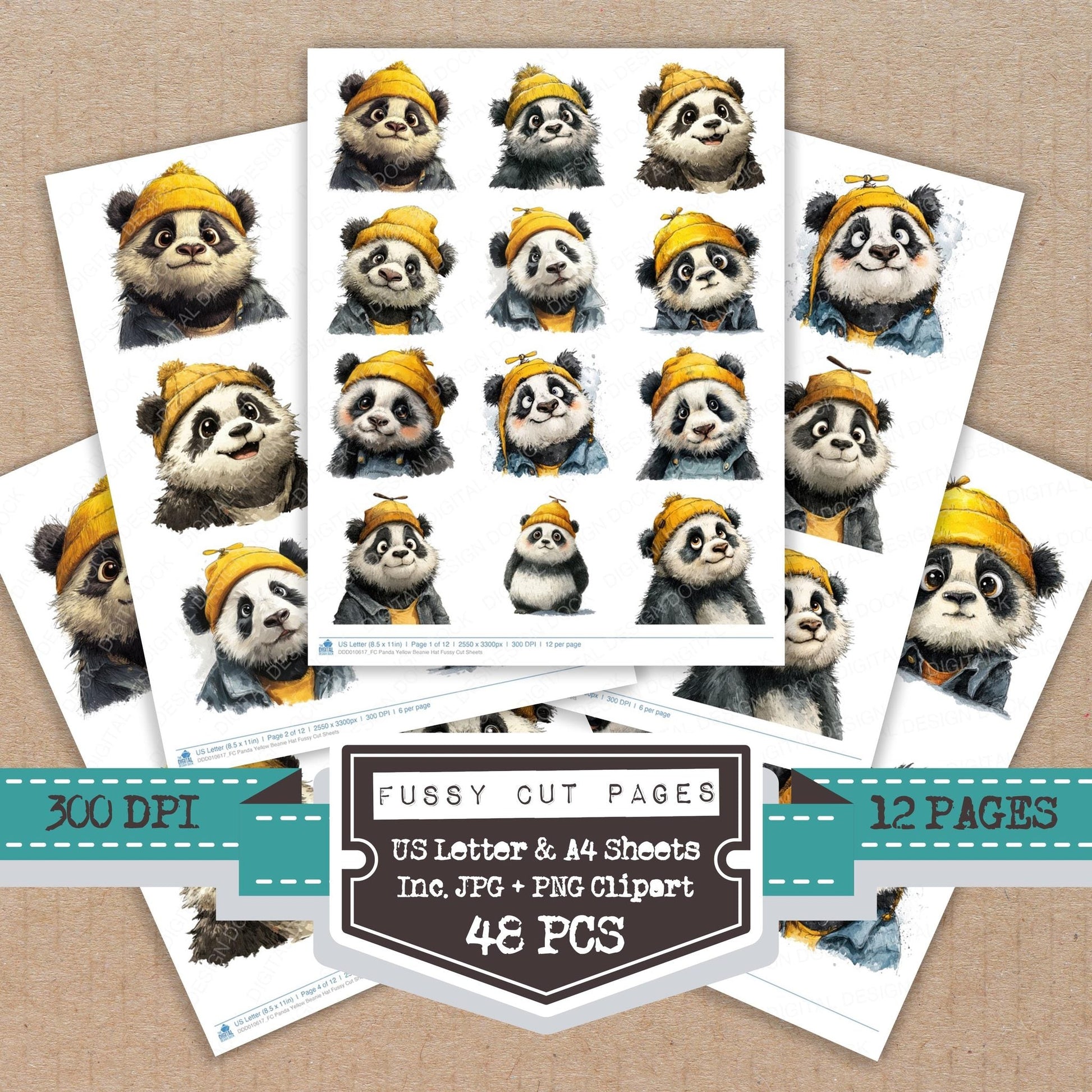 DDD010617_FC Panda Yellow Beanie Hat Fussy Cut Sheets