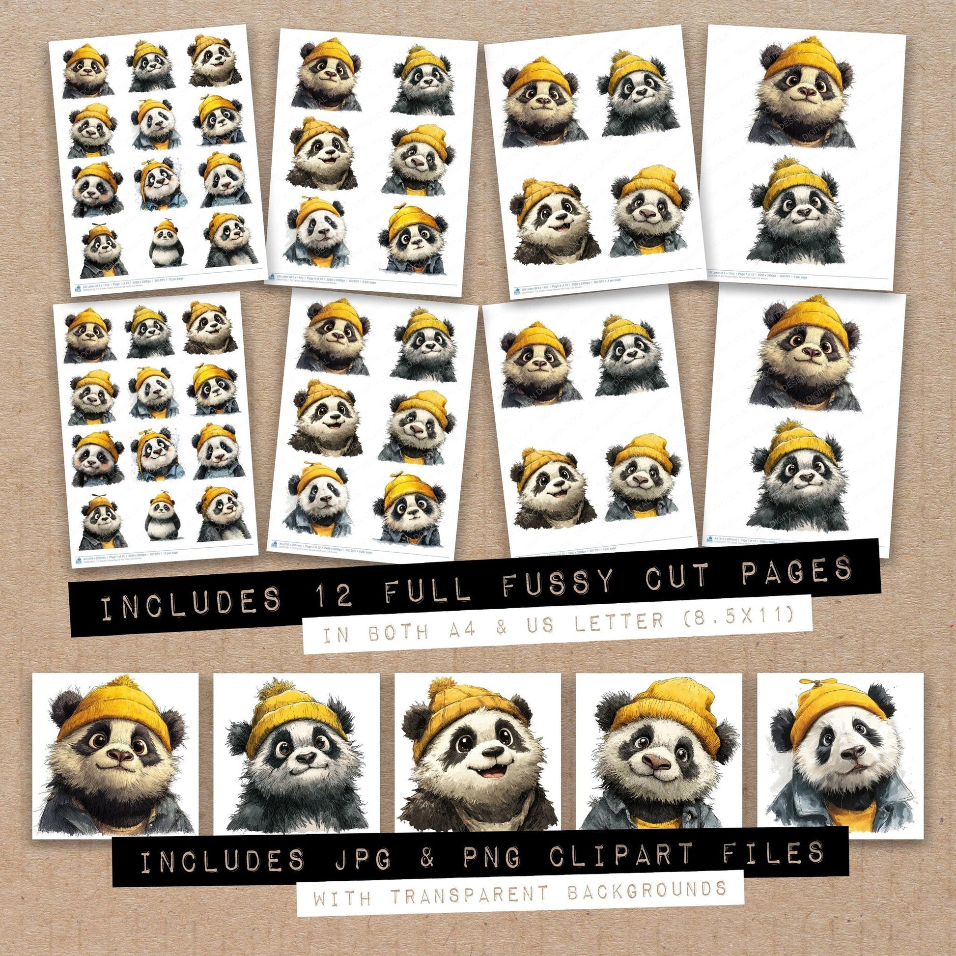 DDD010617_FC Panda Yellow Beanie Hat Fussy Cut Sheets
