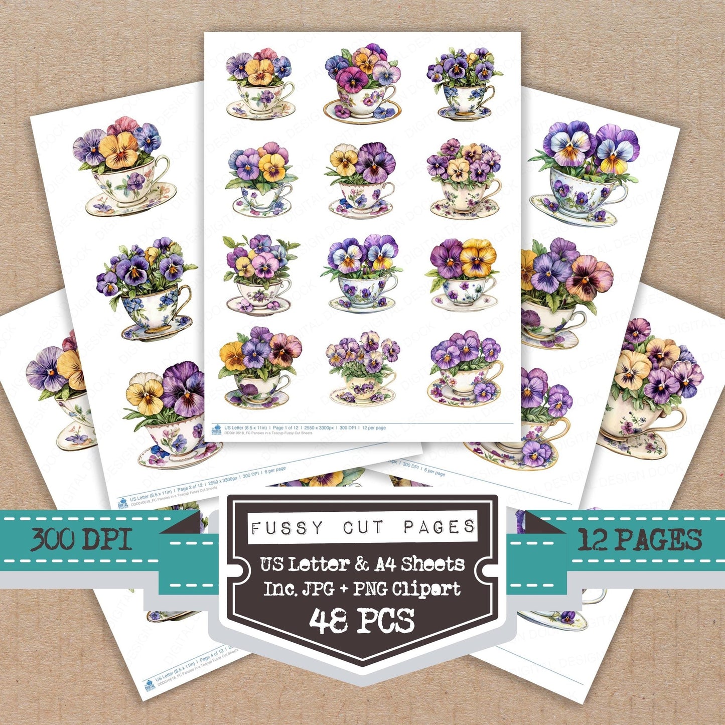 DDD010618_FC Pansies in a Teacup Fussy Cut Sheets