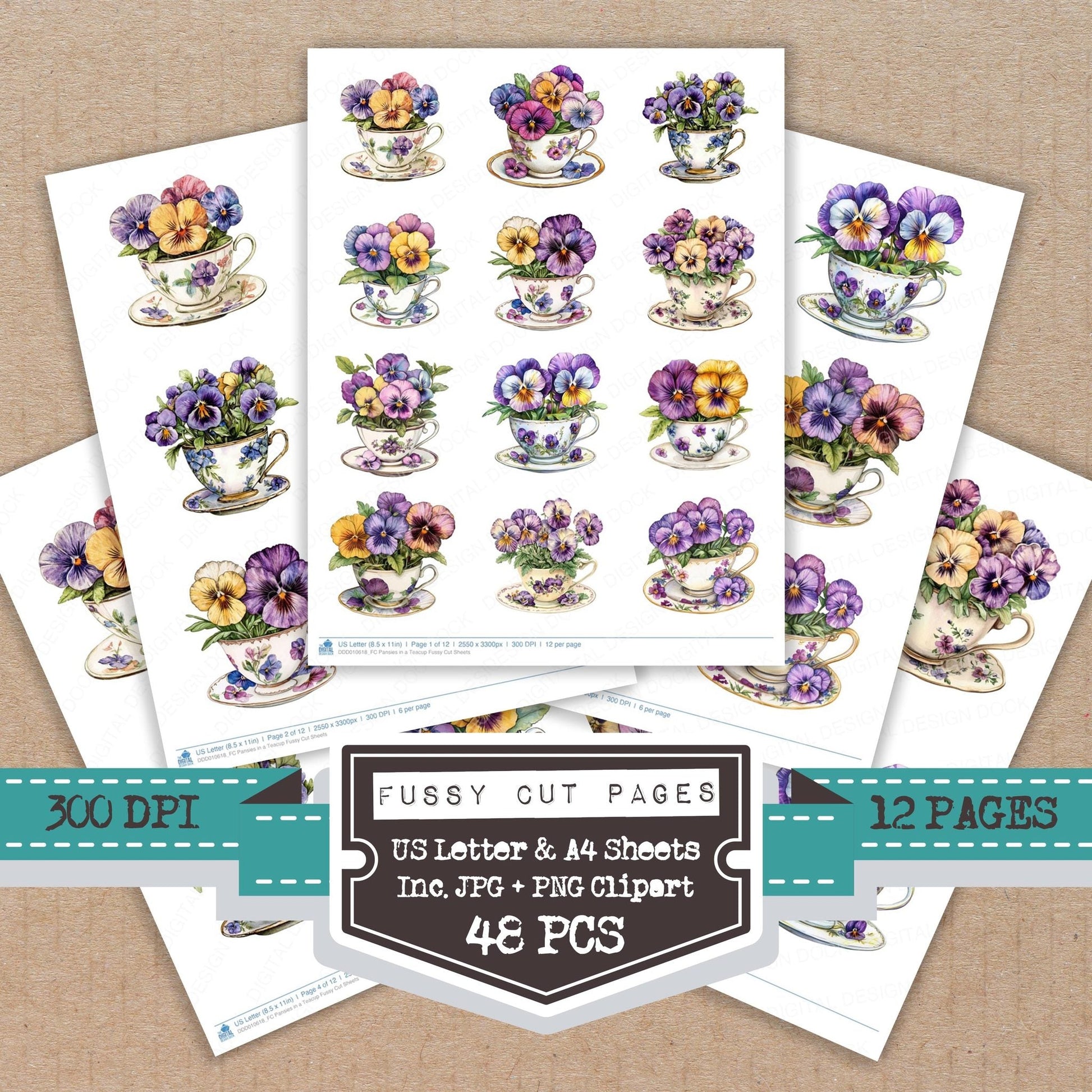 DDD010618_FC Pansies in a Teacup Fussy Cut Sheets