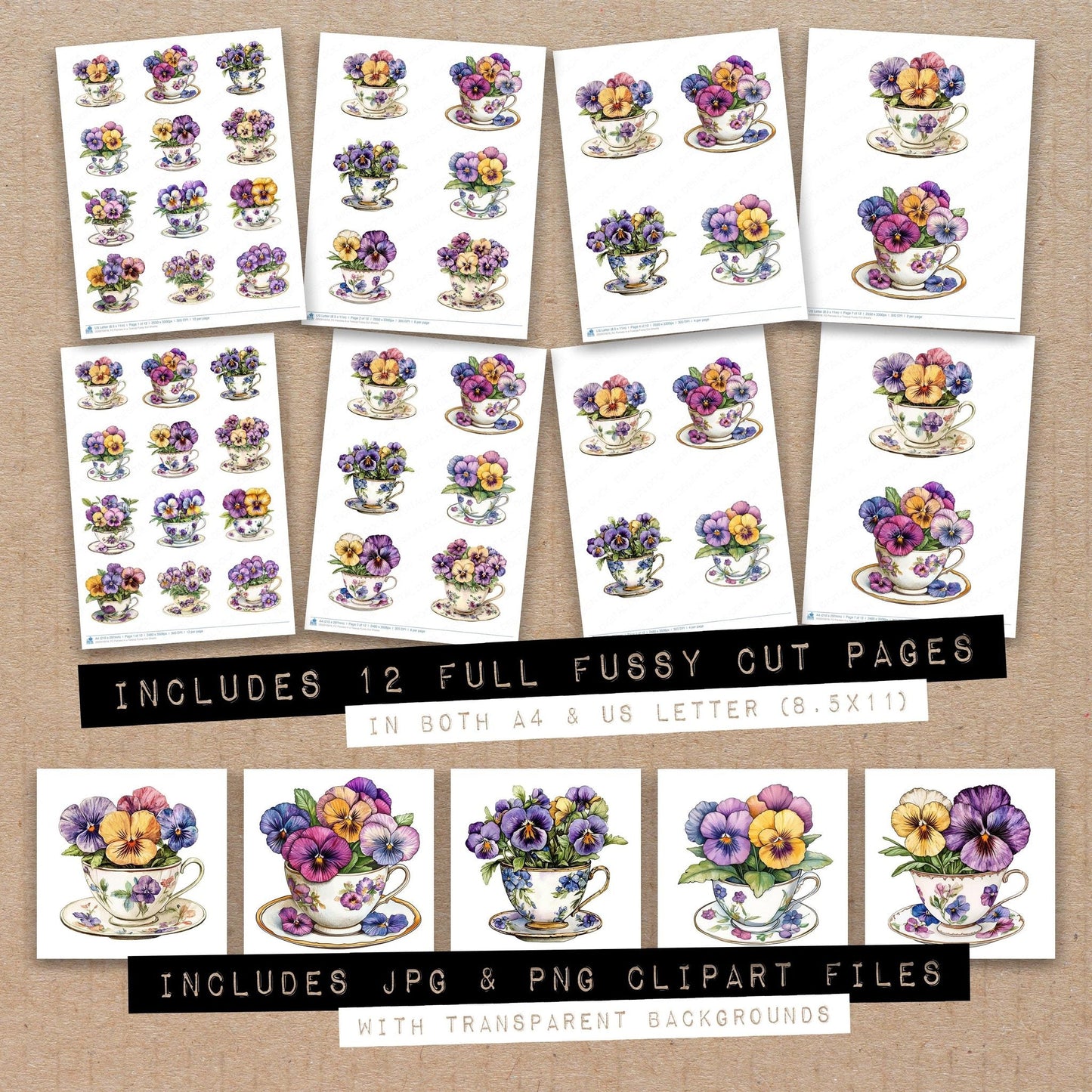 DDD010618_FC Pansies in a Teacup Fussy Cut Sheets