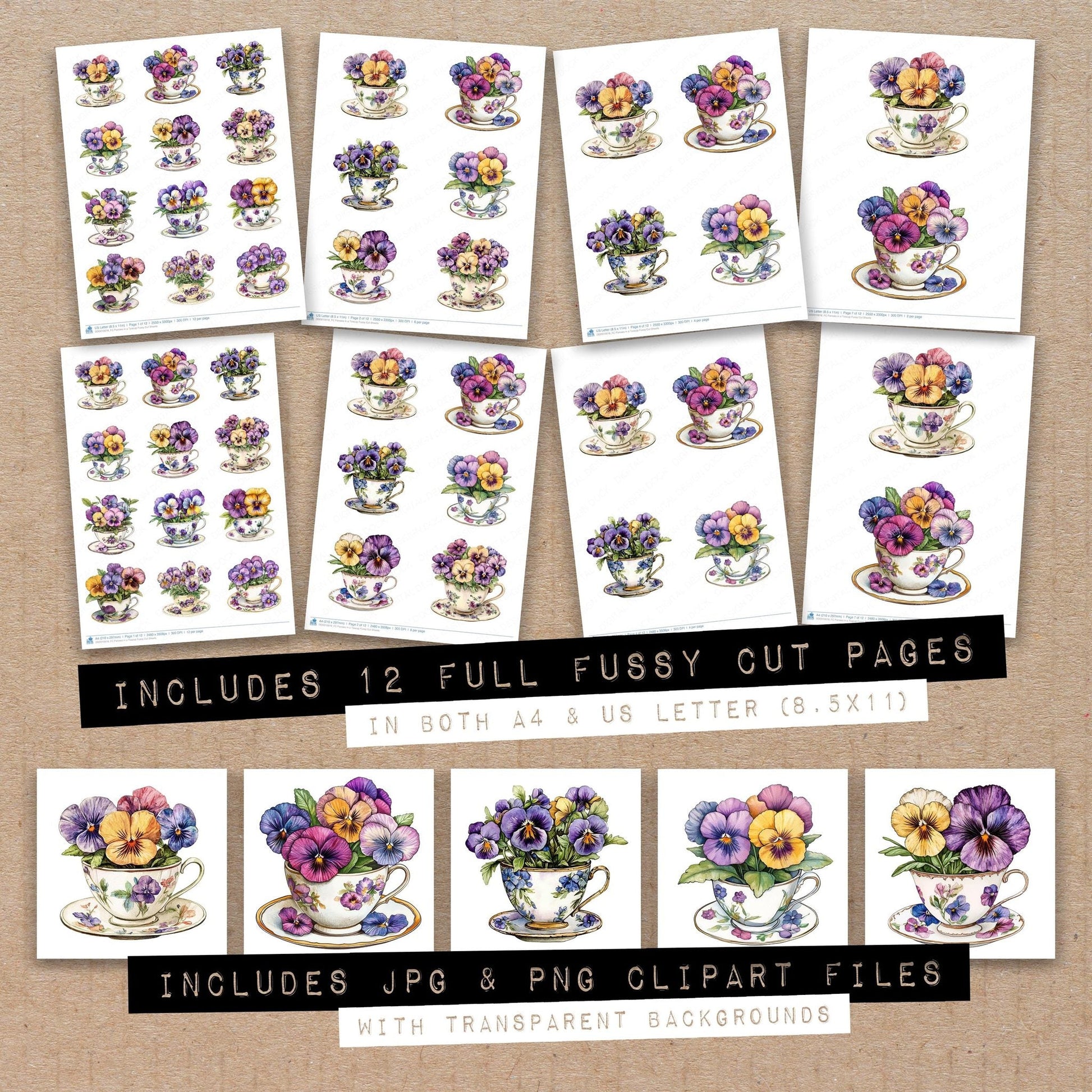 DDD010618_FC Pansies in a Teacup Fussy Cut Sheets