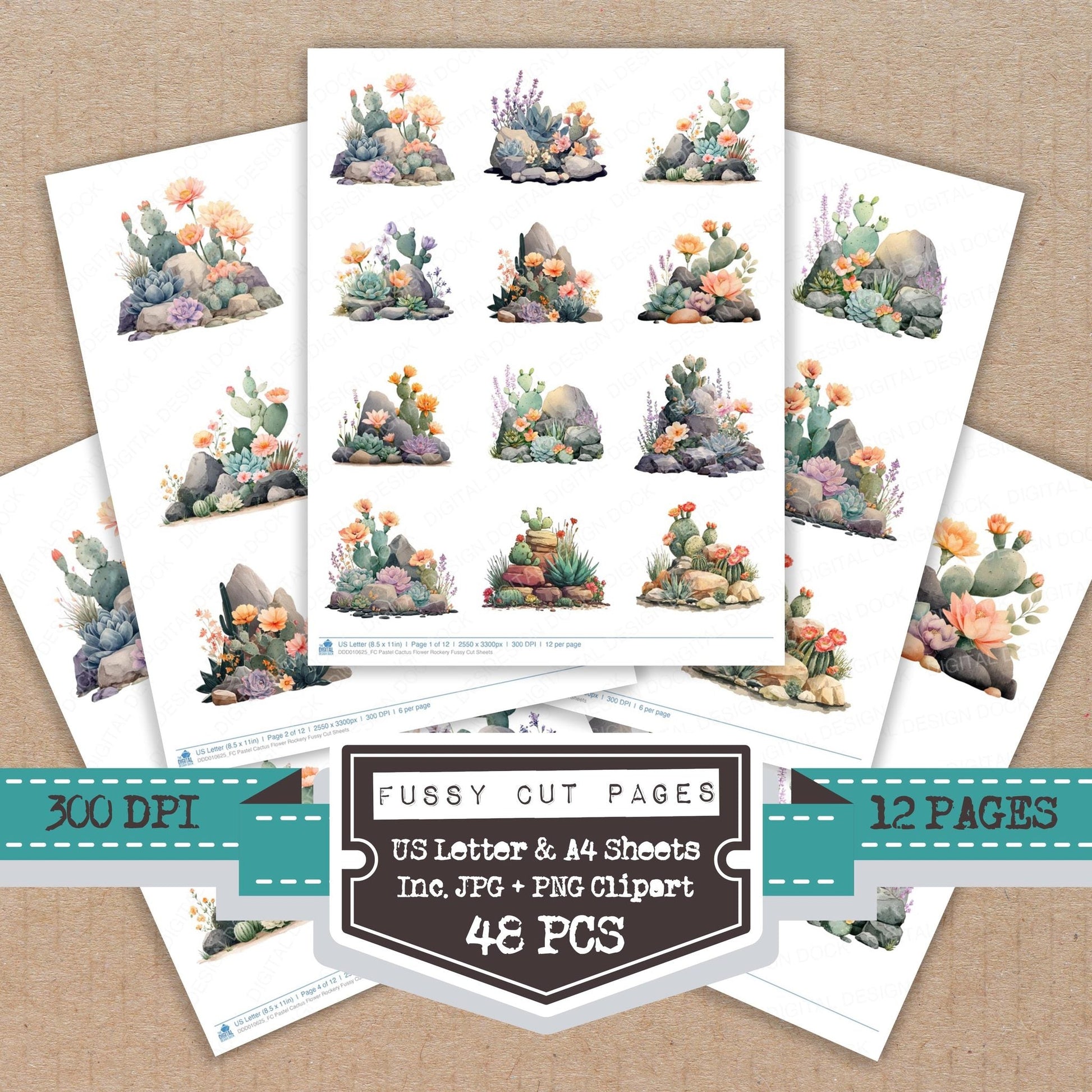 DDD010625_FC Pastel Cactus Flower Rockery Fussy Cut Sheets