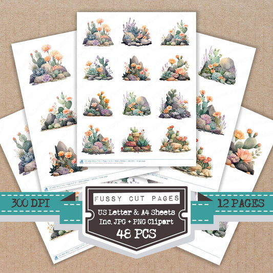 DDD010625_FC Pastel Cactus Flower Rockery Fussy Cut Sheets