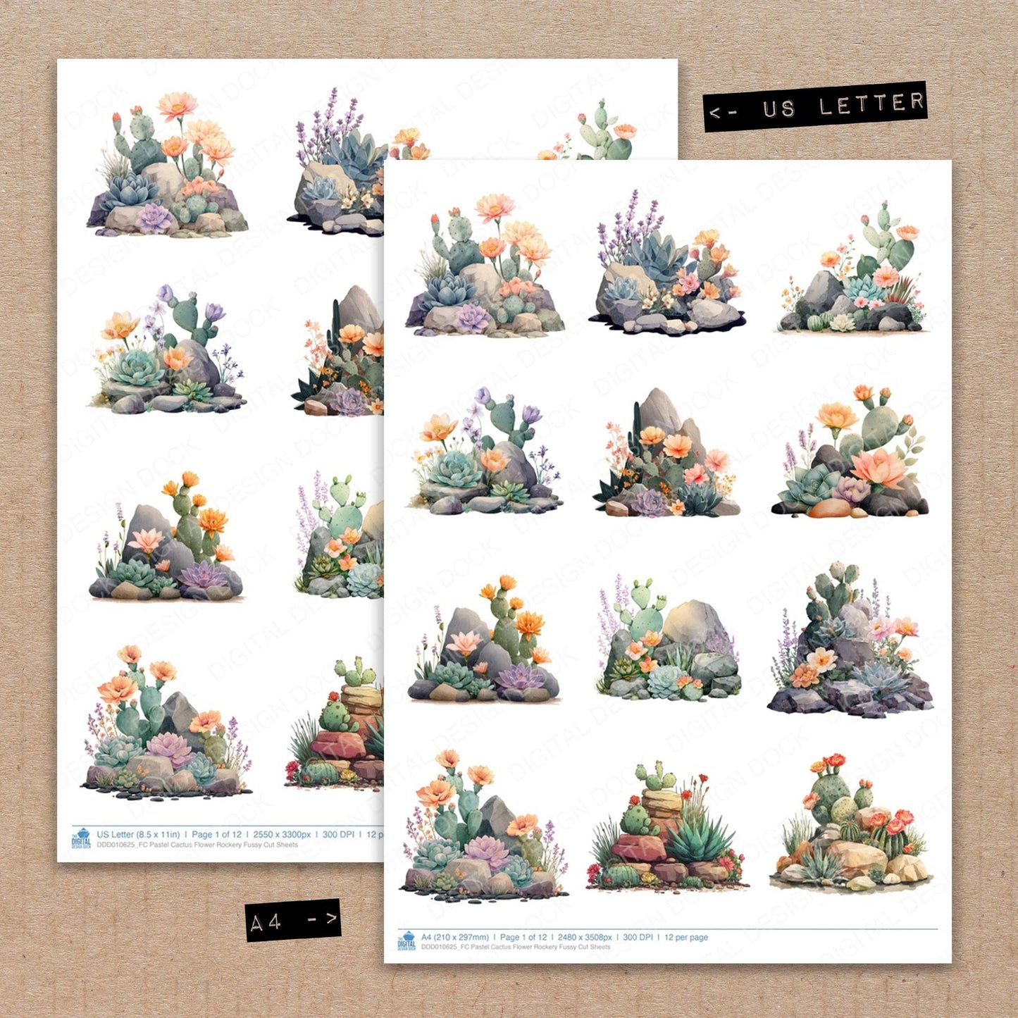 DDD010625_FC Pastel Cactus Flower Rockery Fussy Cut Sheets