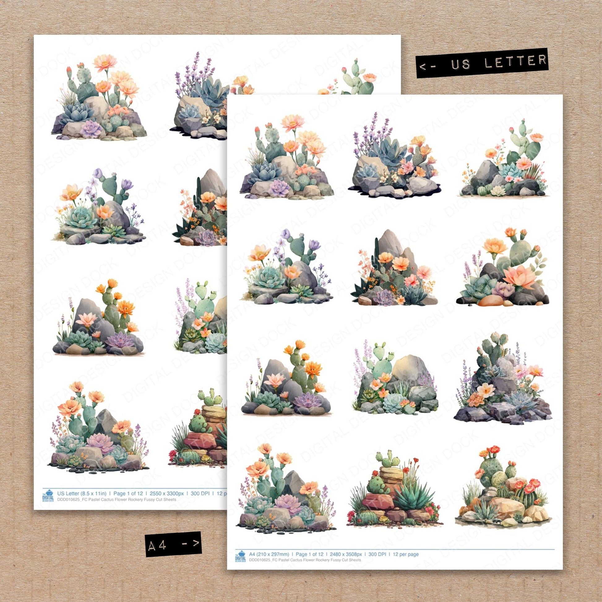 DDD010625_FC Pastel Cactus Flower Rockery Fussy Cut Sheets
