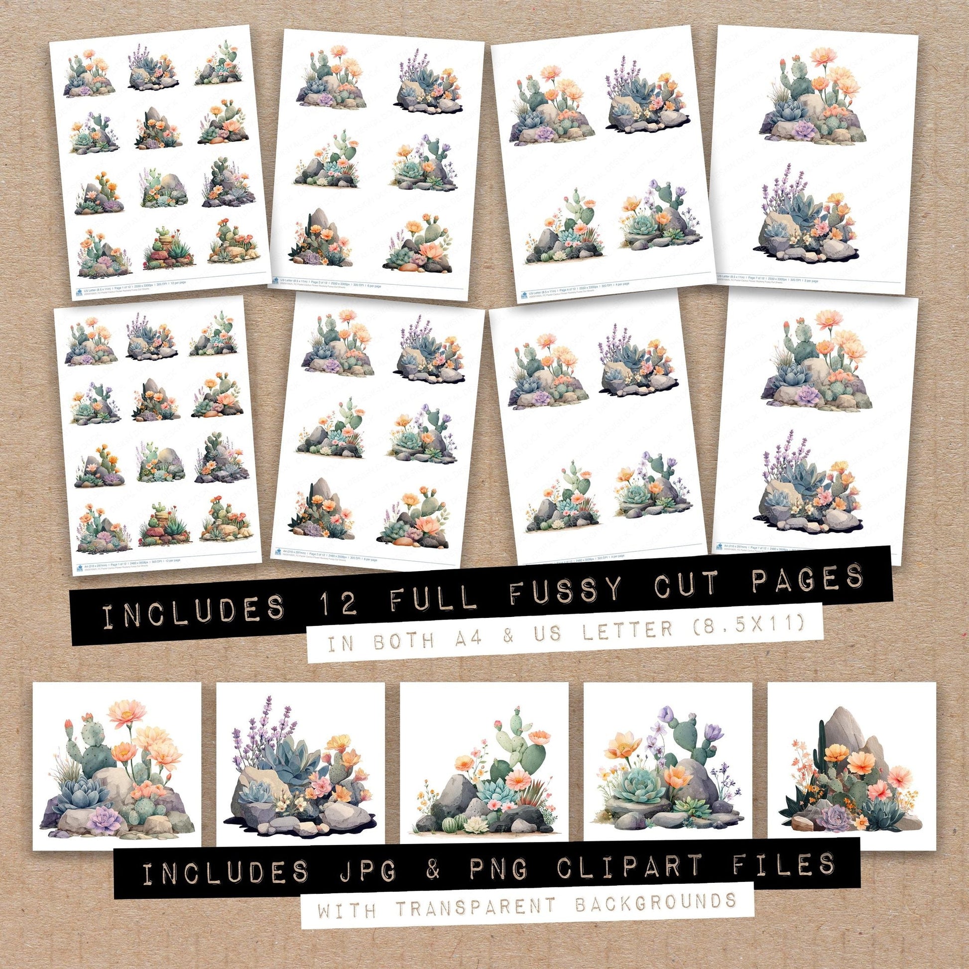 DDD010625_FC Pastel Cactus Flower Rockery Fussy Cut Sheets