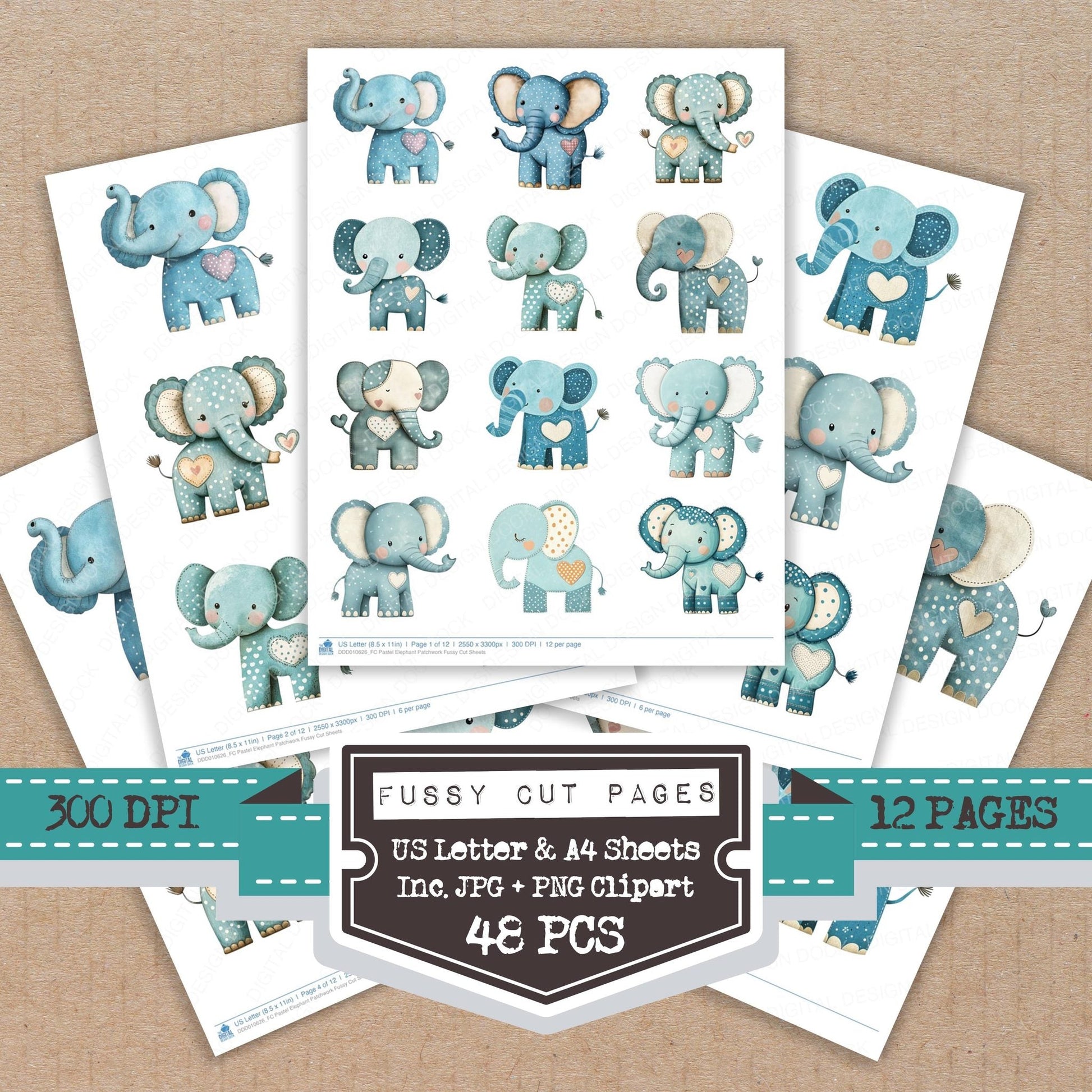 DDD010626_FC Pastel Elephant Patchwork Fussy Cut Sheets