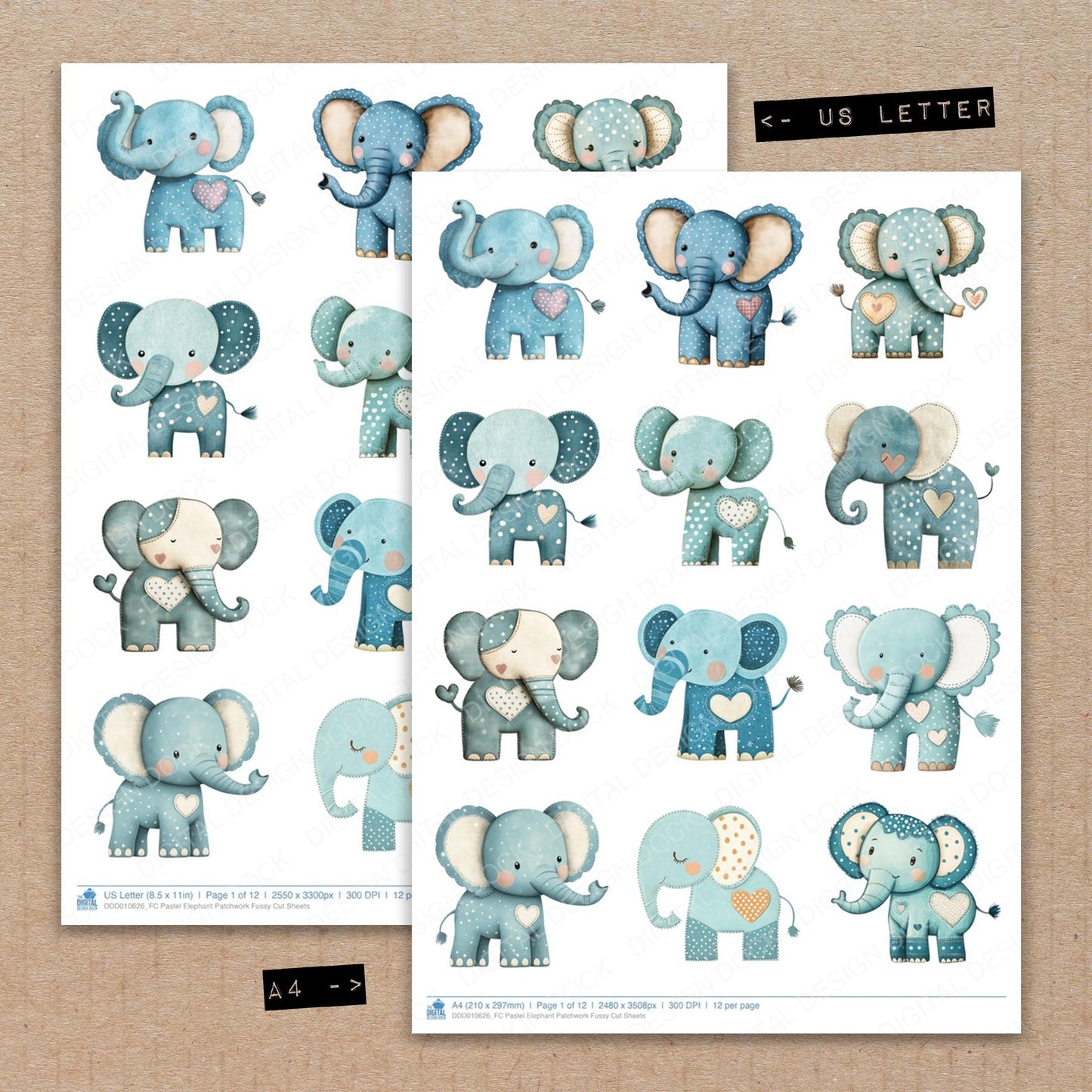 DDD010626_FC Pastel Elephant Patchwork Fussy Cut Sheets