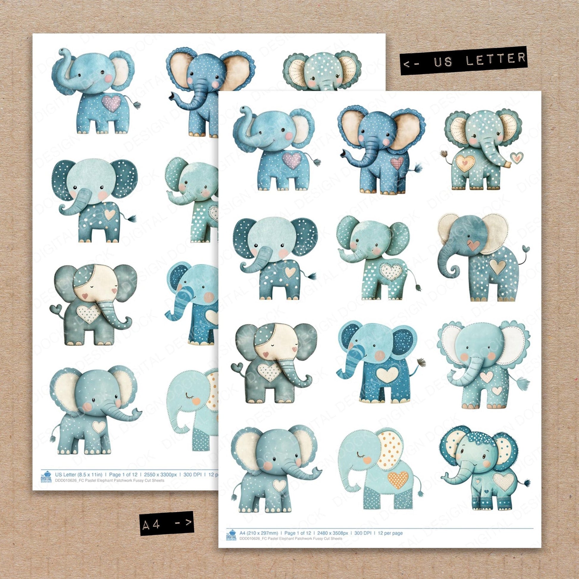 DDD010626_FC Pastel Elephant Patchwork Fussy Cut Sheets
