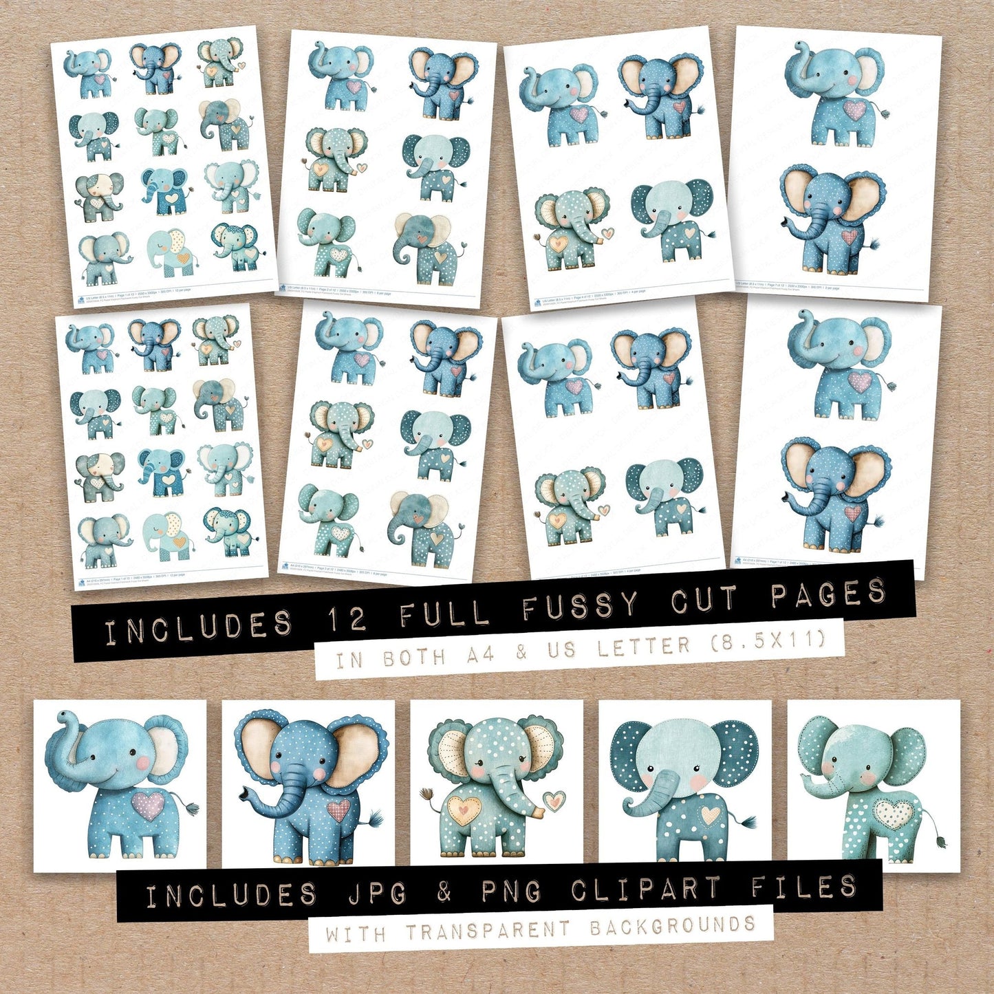 DDD010626_FC Pastel Elephant Patchwork Fussy Cut Sheets