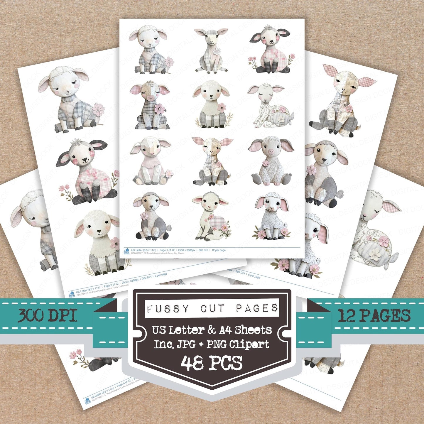 DDD010627_FC Pastel Gingham Lamb Fussy Cut Sheets