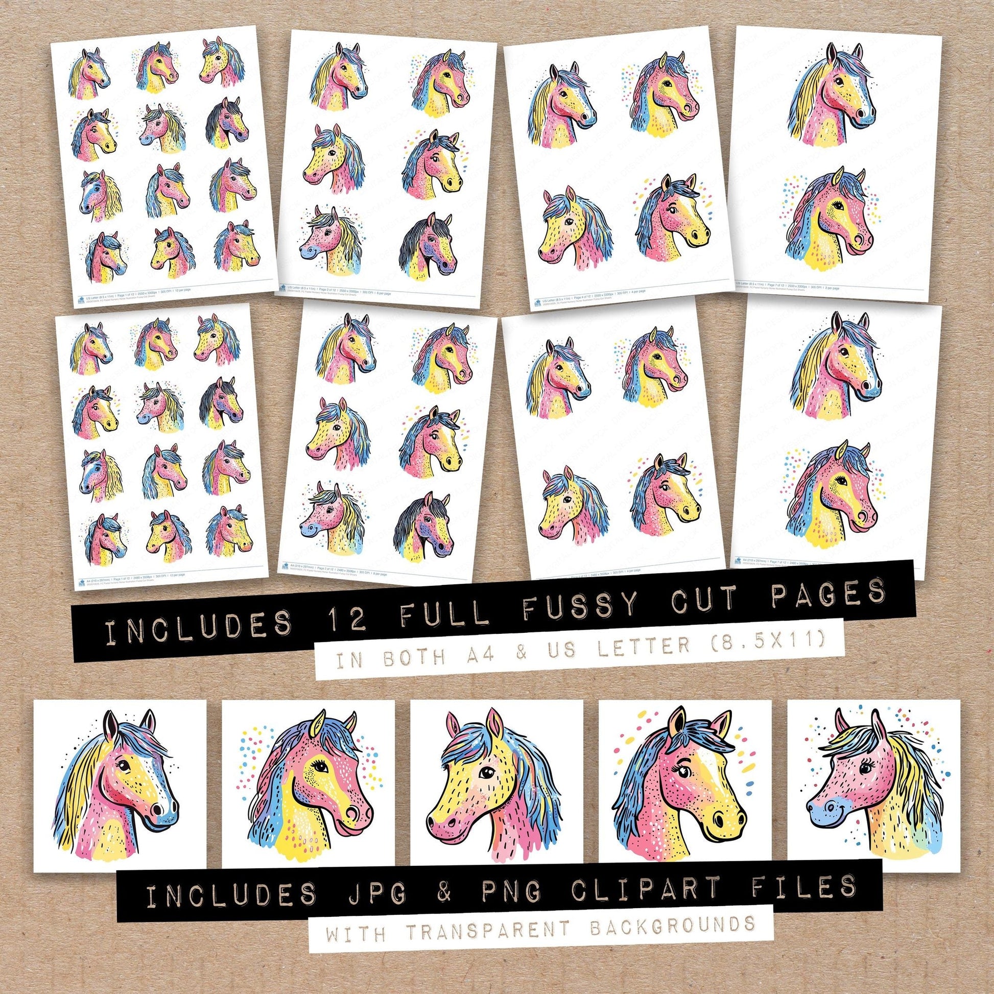 DDD010629_FC Pastel Nursery Horse Illustration Fussy Cut Sheets