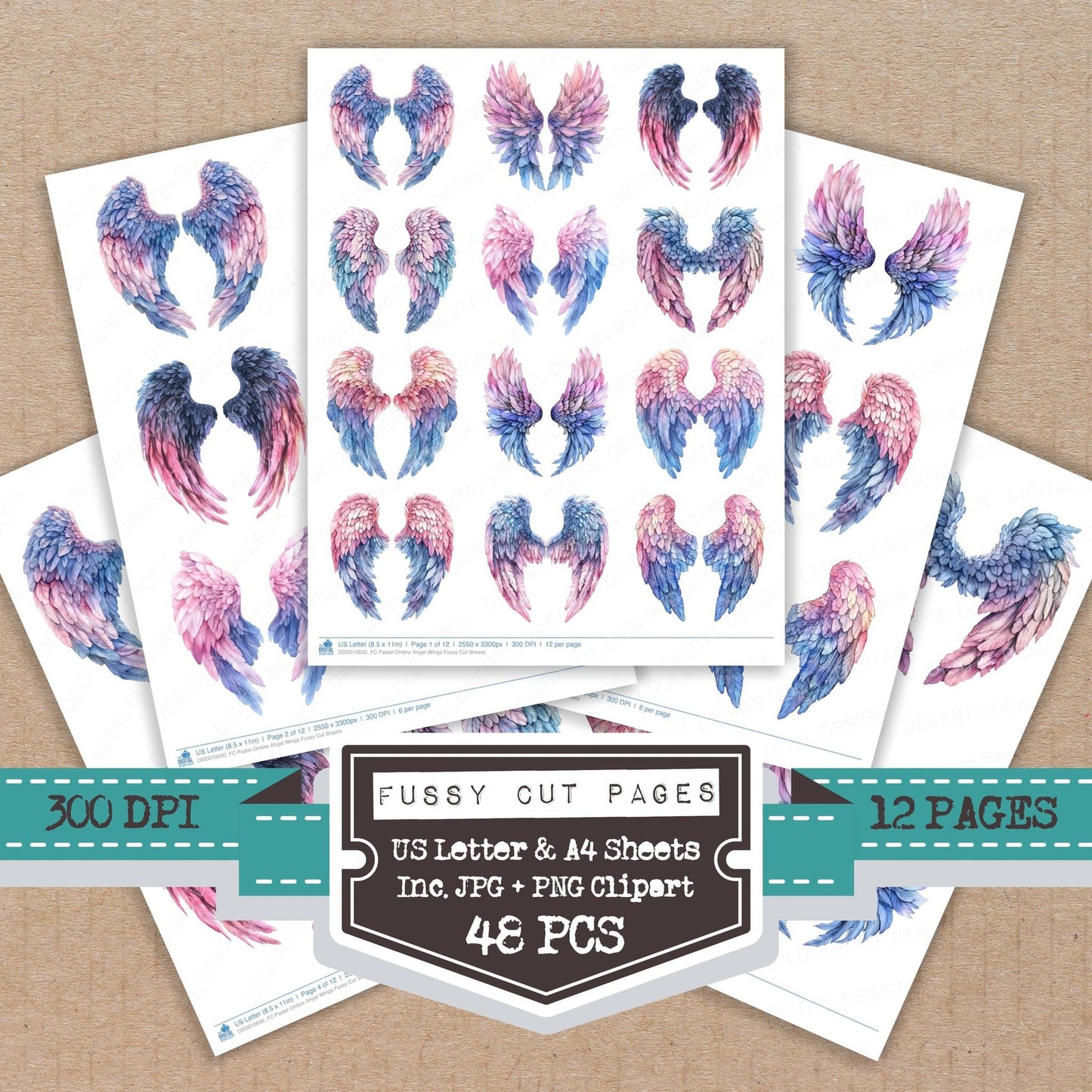 DDD010630_FC Pastel Ombre Angel Wings Fussy Cut Sheets