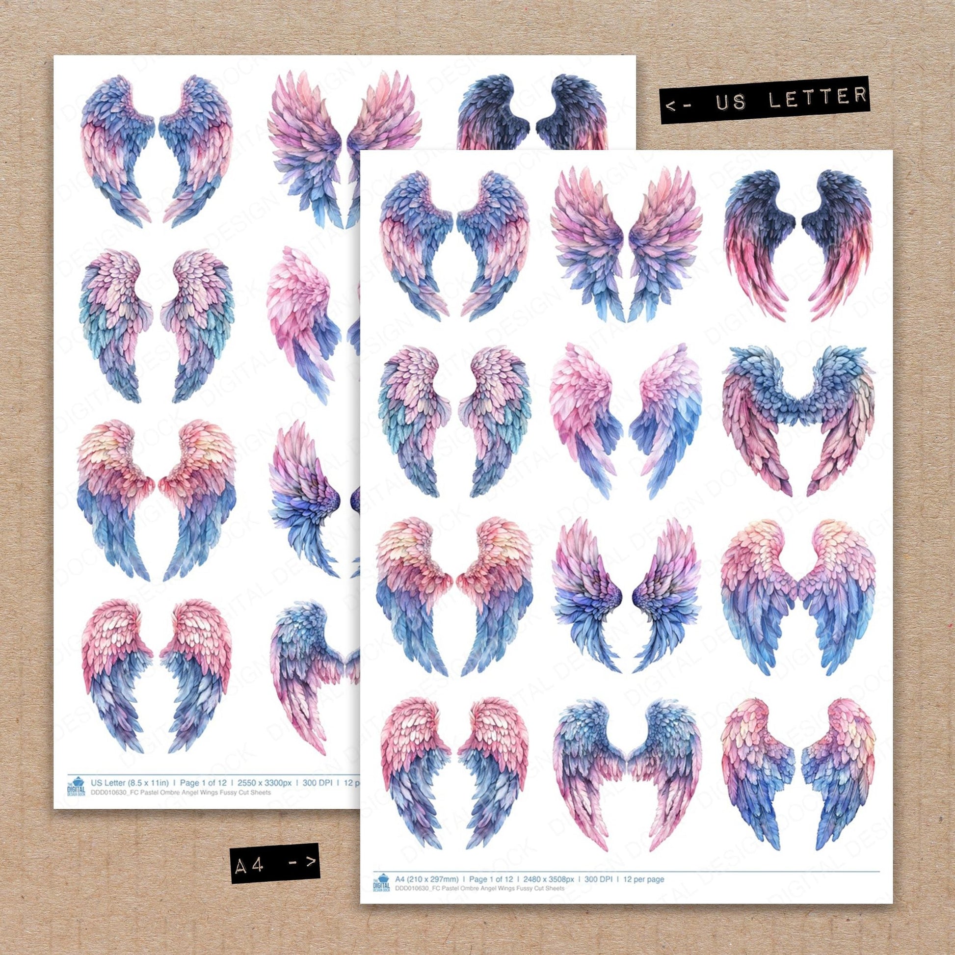 DDD010630_FC Pastel Ombre Angel Wings Fussy Cut Sheets