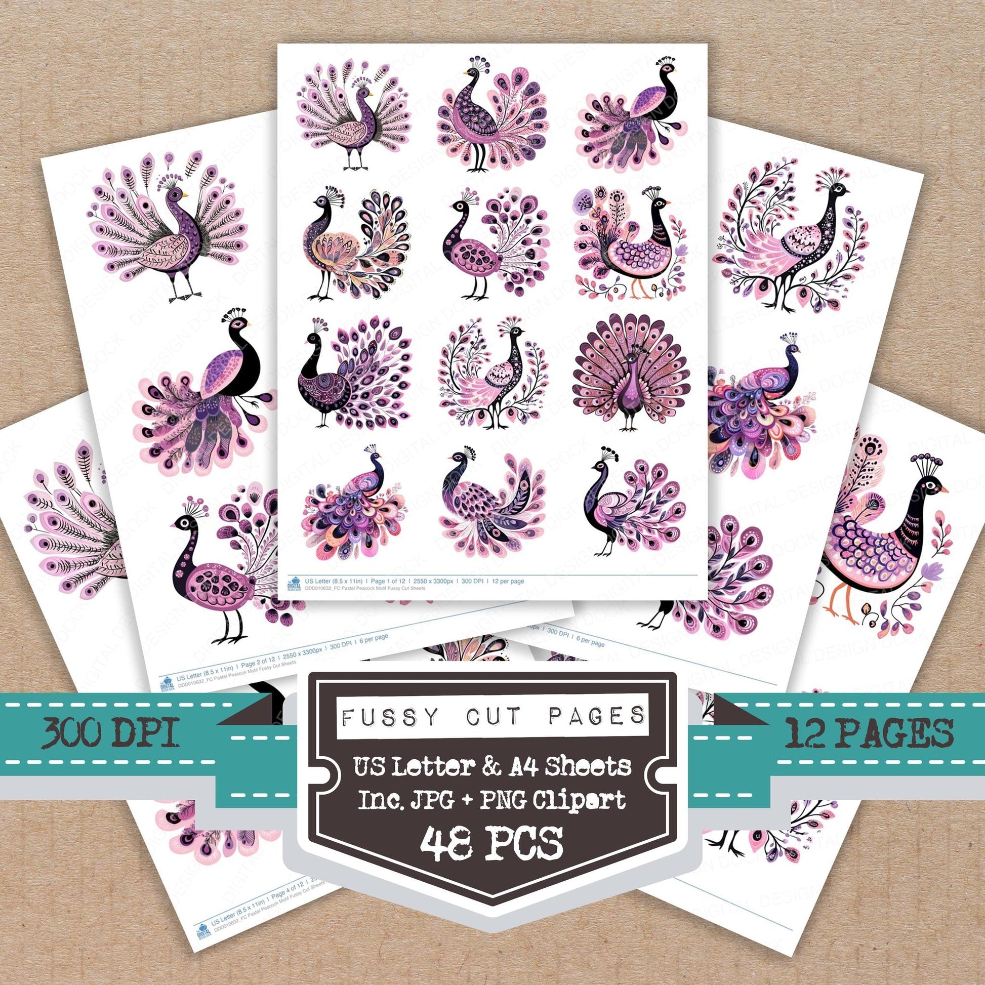 DDD010632_FC Pastel Peacock Motif Fussy Cut Sheets