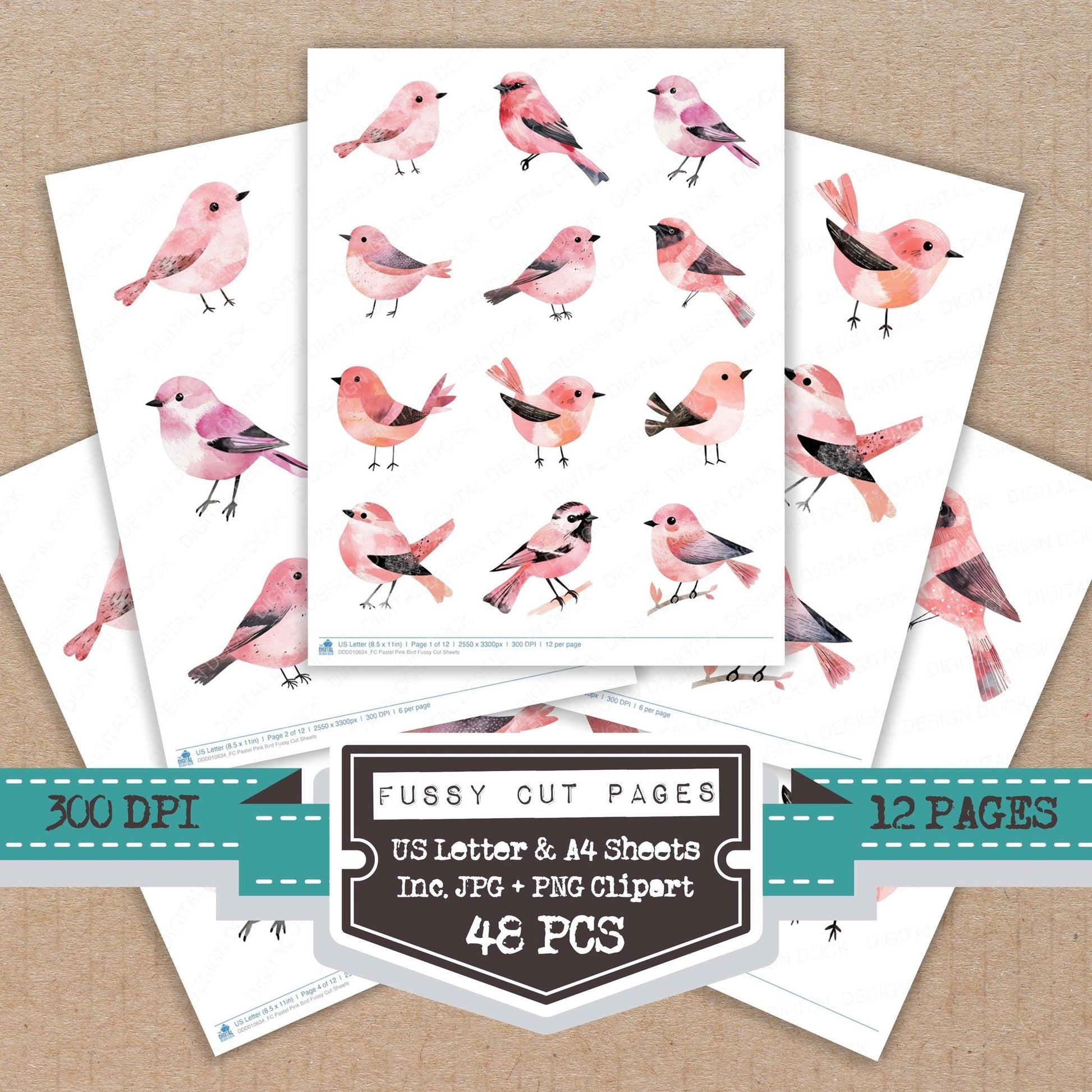 DDD010634_FC Pastel Pink Bird Fussy Cut Sheets