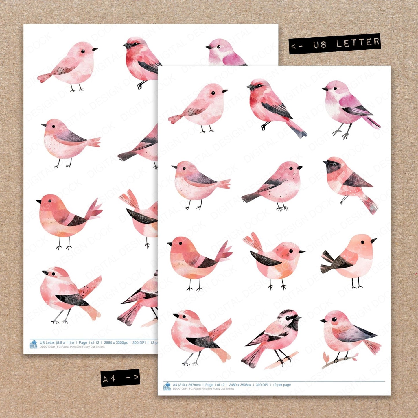 DDD010634_FC Pastel Pink Bird Fussy Cut Sheets
