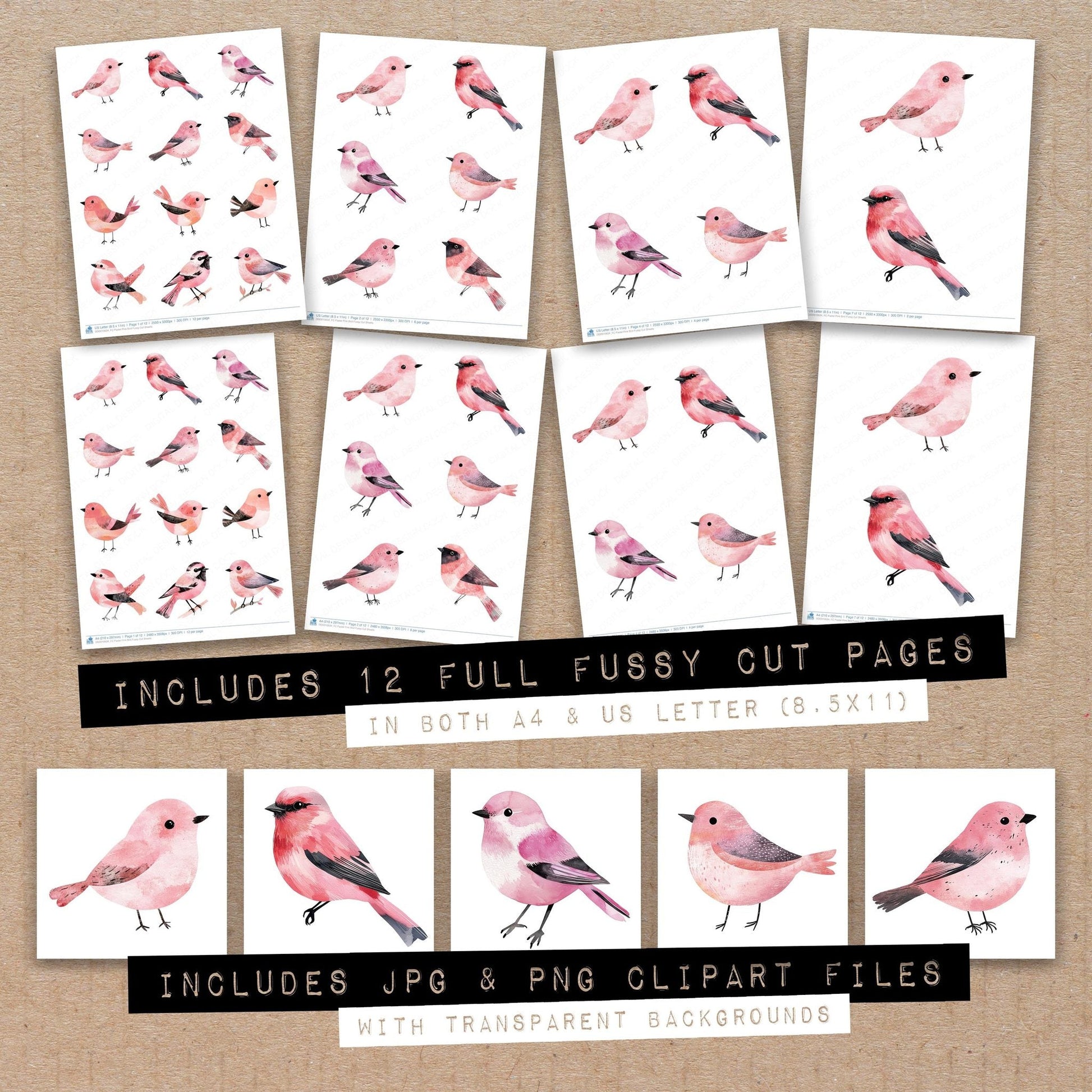 DDD010634_FC Pastel Pink Bird Fussy Cut Sheets