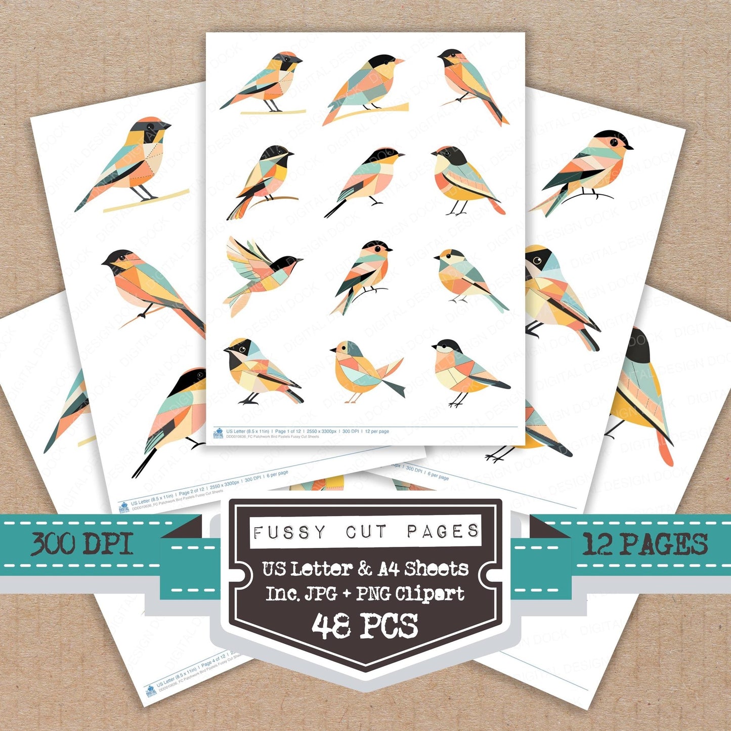 DDD010636_FC Patchwork Bird Pastels Fussy Cut Sheets