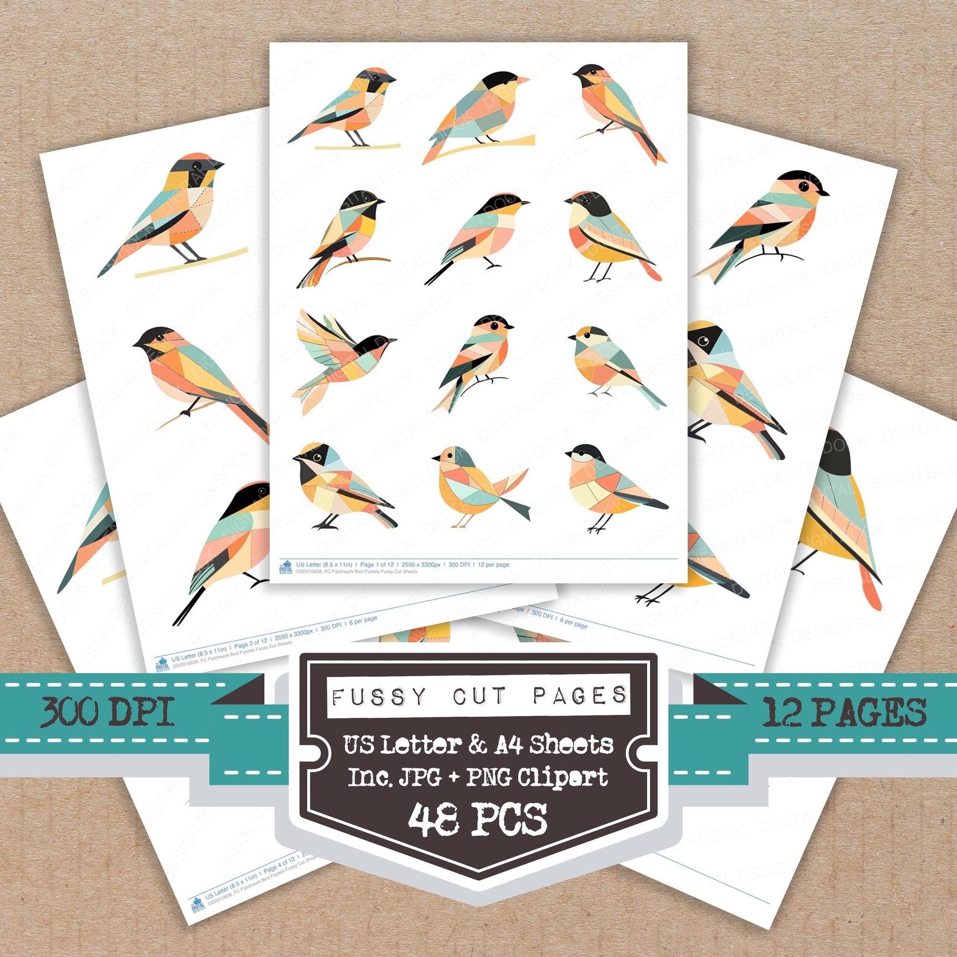 DDD010636_FC Patchwork Bird Pastels Fussy Cut Sheets