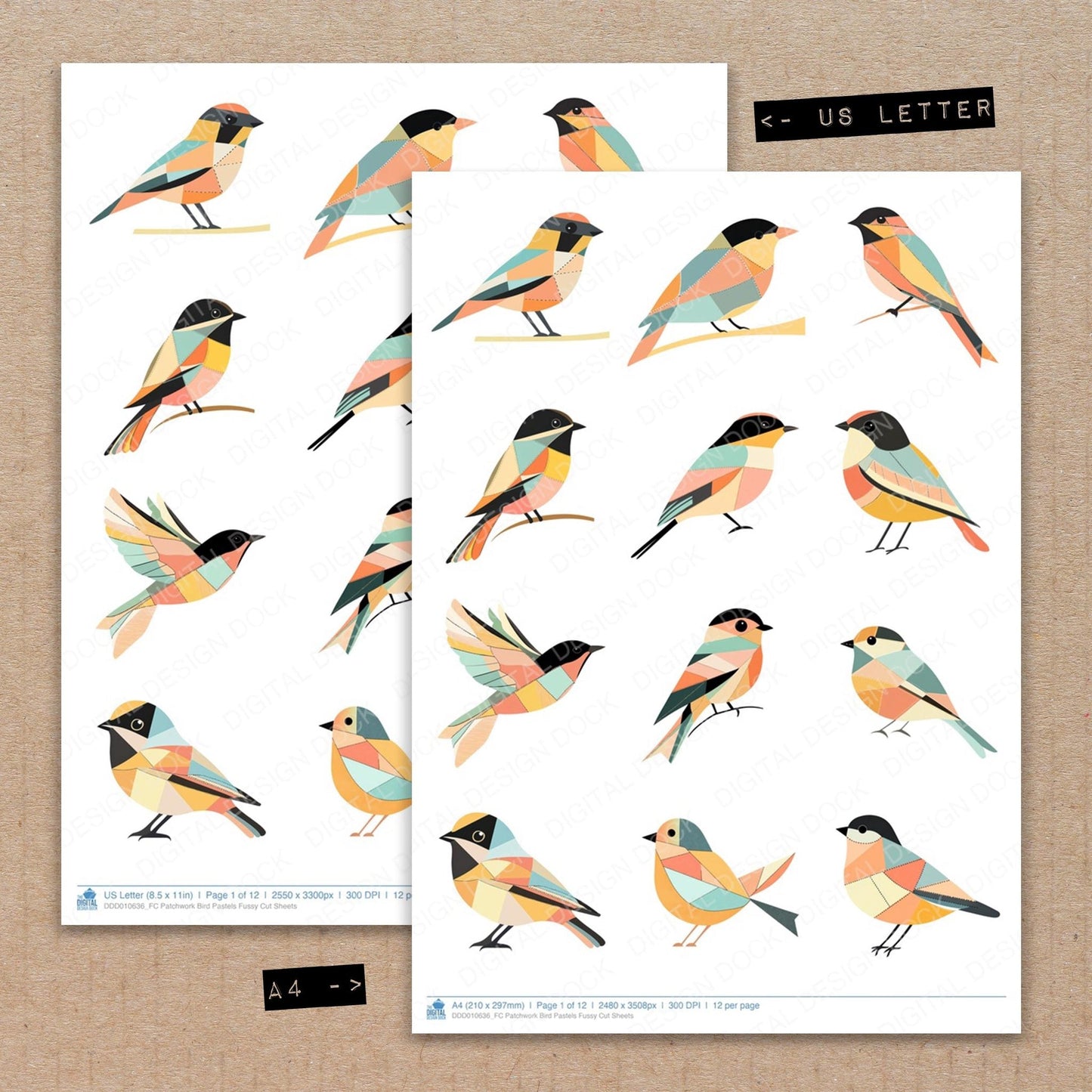 DDD010636_FC Patchwork Bird Pastels Fussy Cut Sheets