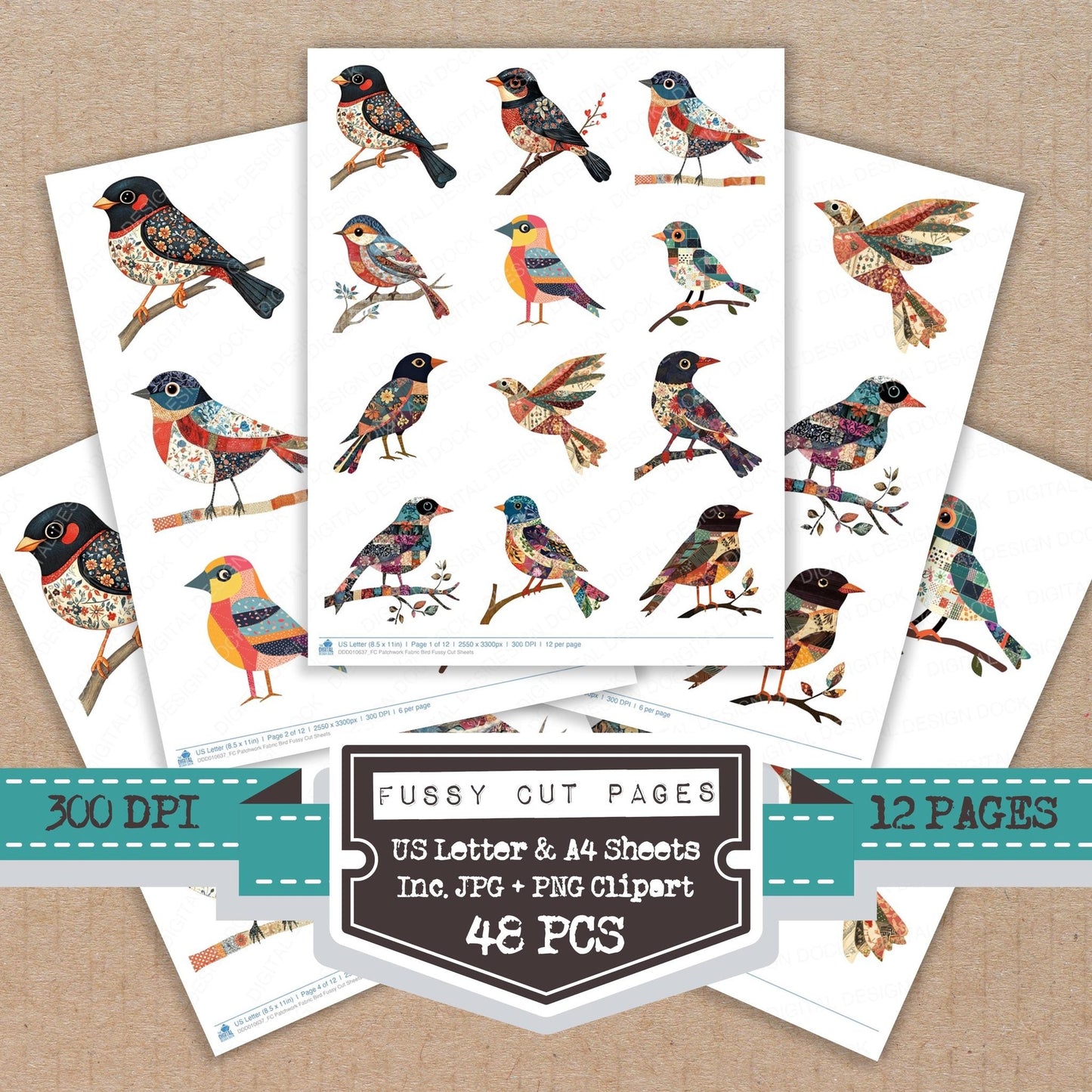 DDD010637_FC Patchwork Fabric Bird Fussy Cut Sheets