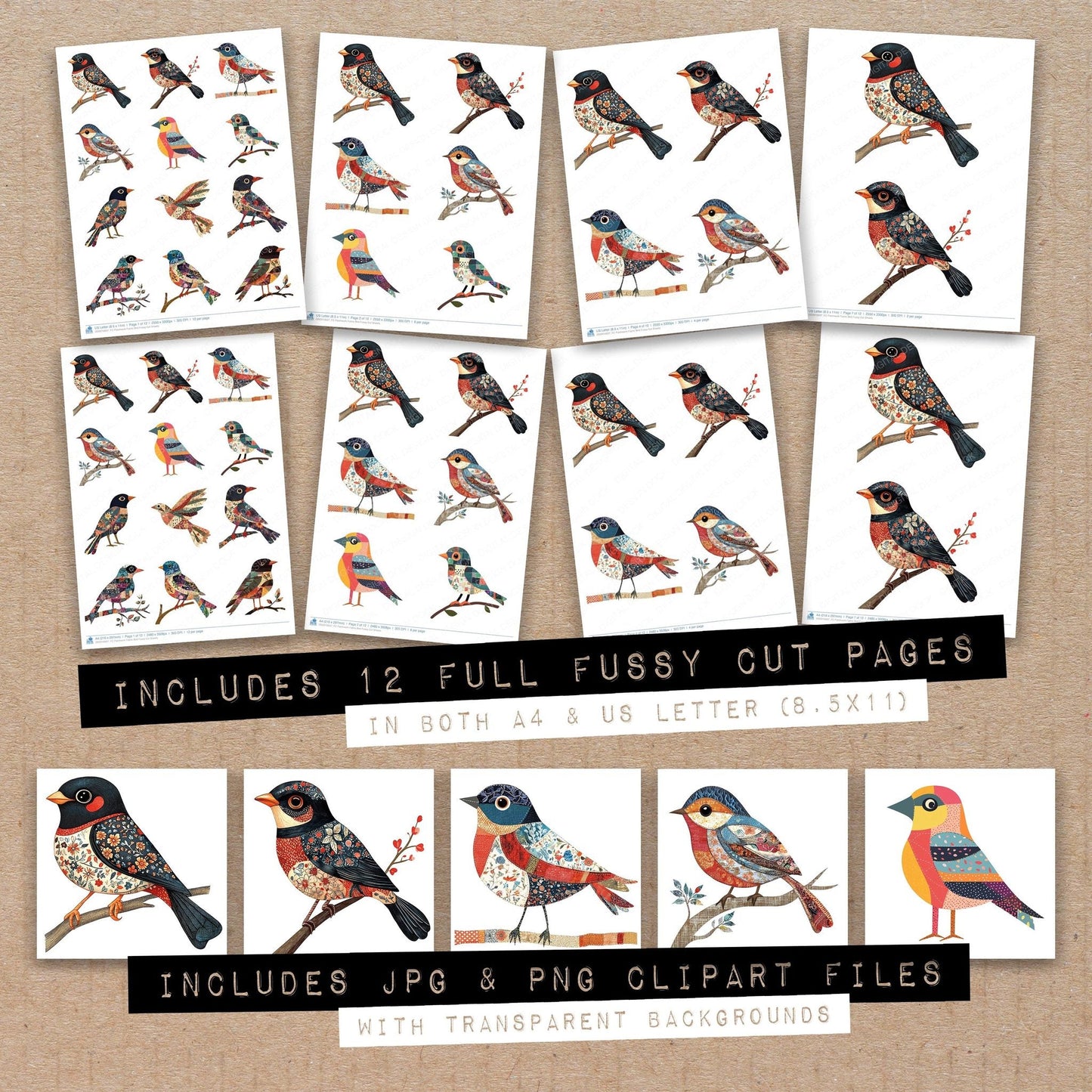DDD010637_FC Patchwork Fabric Bird Fussy Cut Sheets
