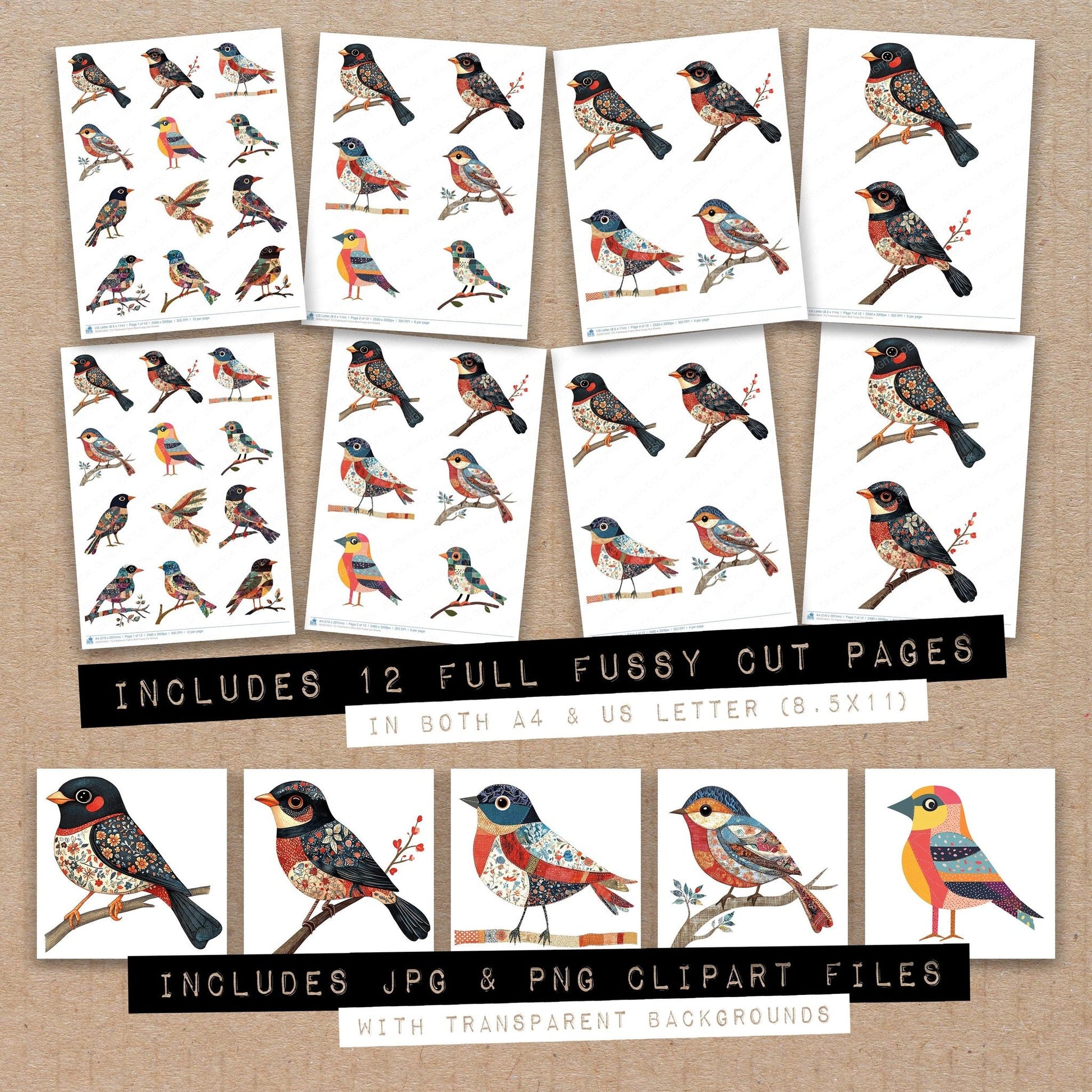 DDD010637_FC Patchwork Fabric Bird Fussy Cut Sheets