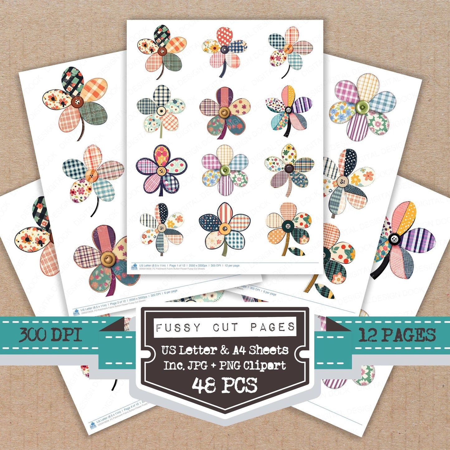 DDD010639_FC Patchwork Fabric Button Flower Fussy Cut Sheets