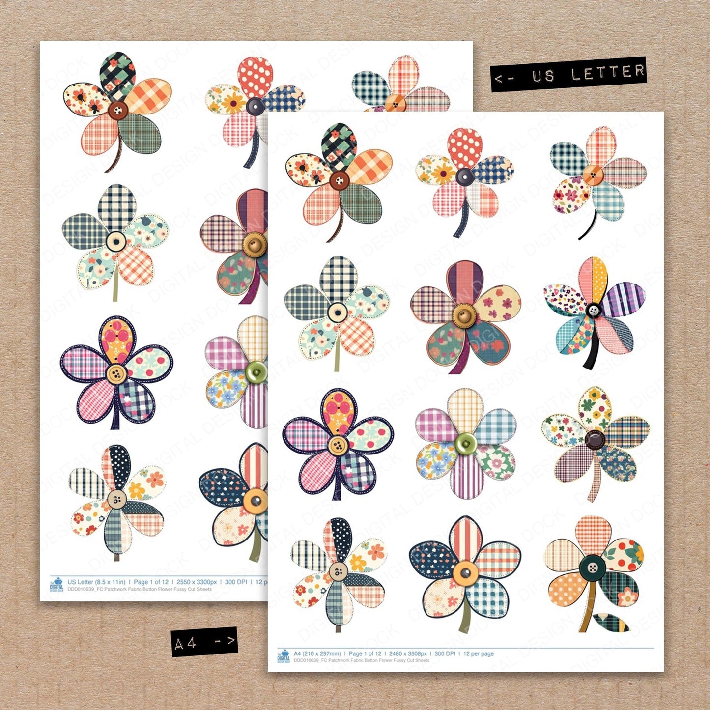 DDD010639_FC Patchwork Fabric Button Flower Fussy Cut Sheets