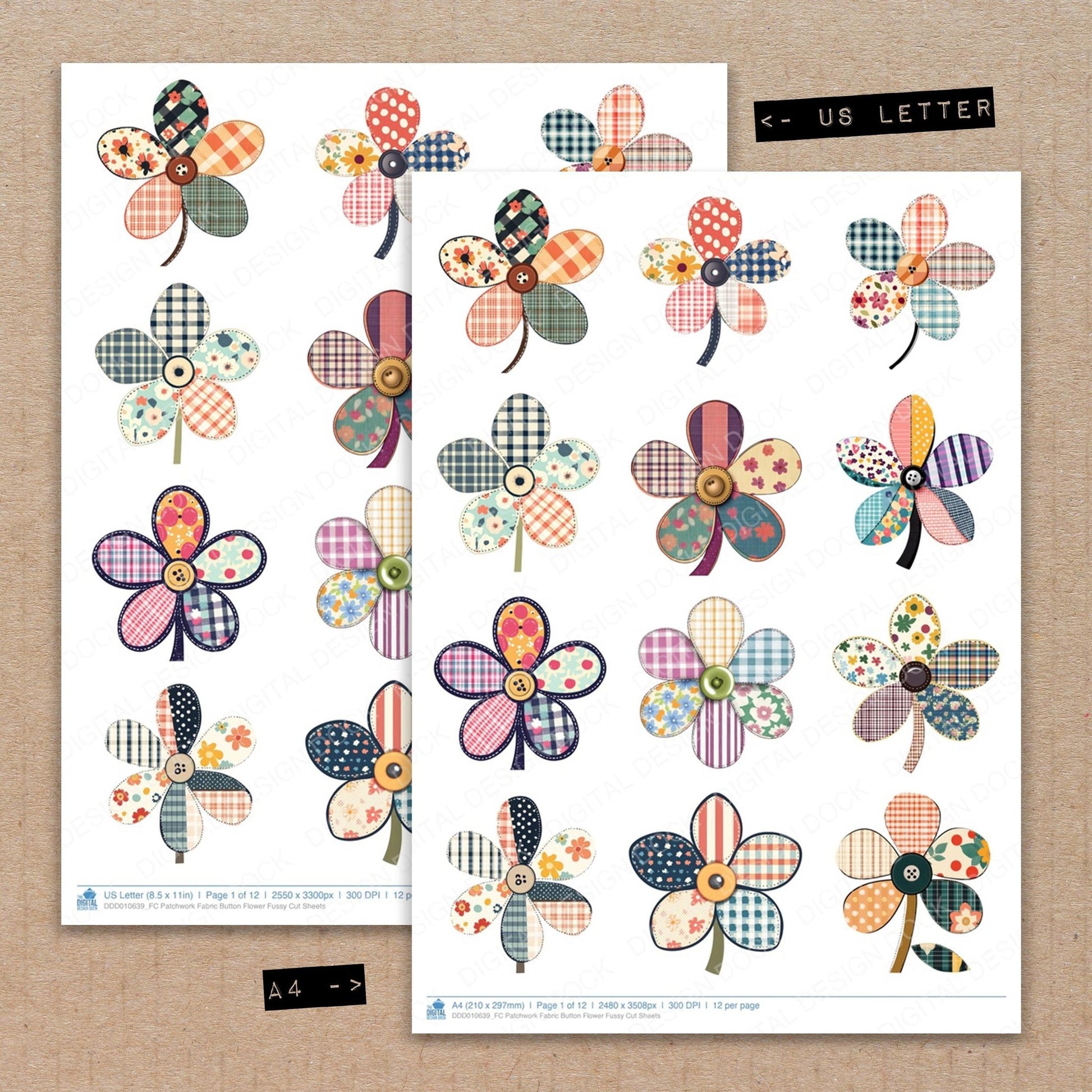 DDD010639_FC Patchwork Fabric Button Flower Fussy Cut Sheets