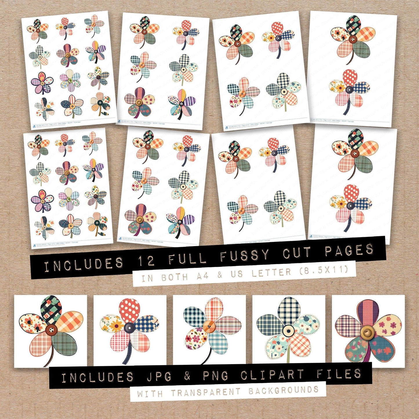 DDD010639_FC Patchwork Fabric Button Flower Fussy Cut Sheets