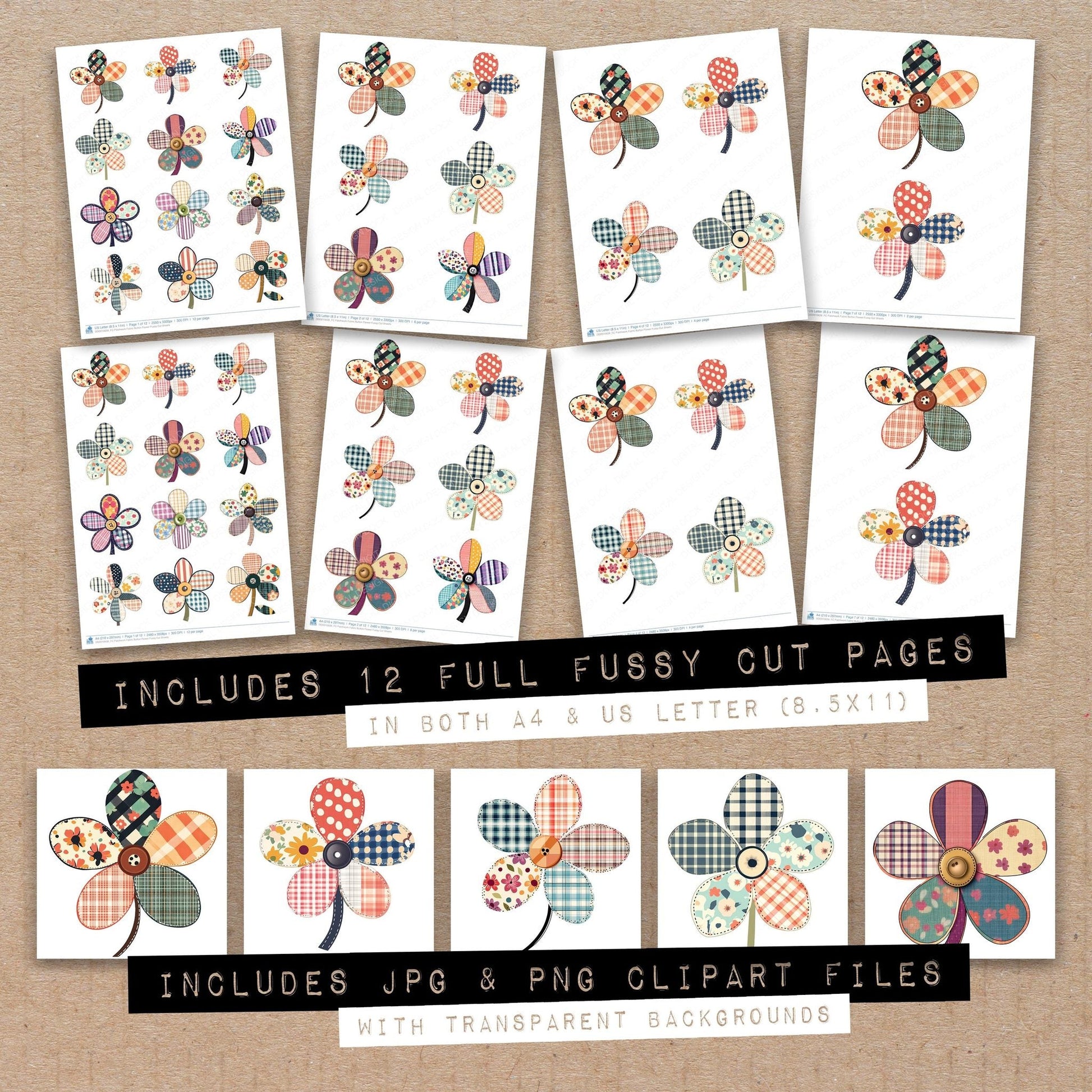 DDD010639_FC Patchwork Fabric Button Flower Fussy Cut Sheets