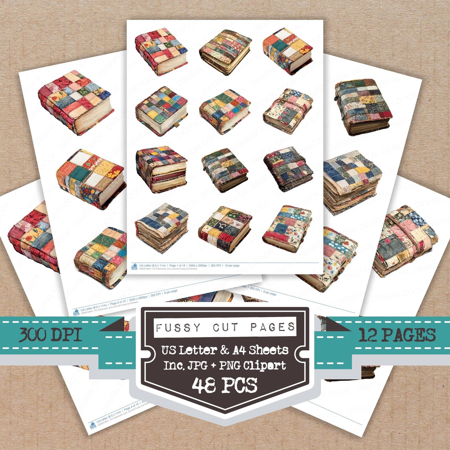 Patchwork Junk Journal fussy cut printable sheets for junk journaling, scrapbooking, and paper craft projects