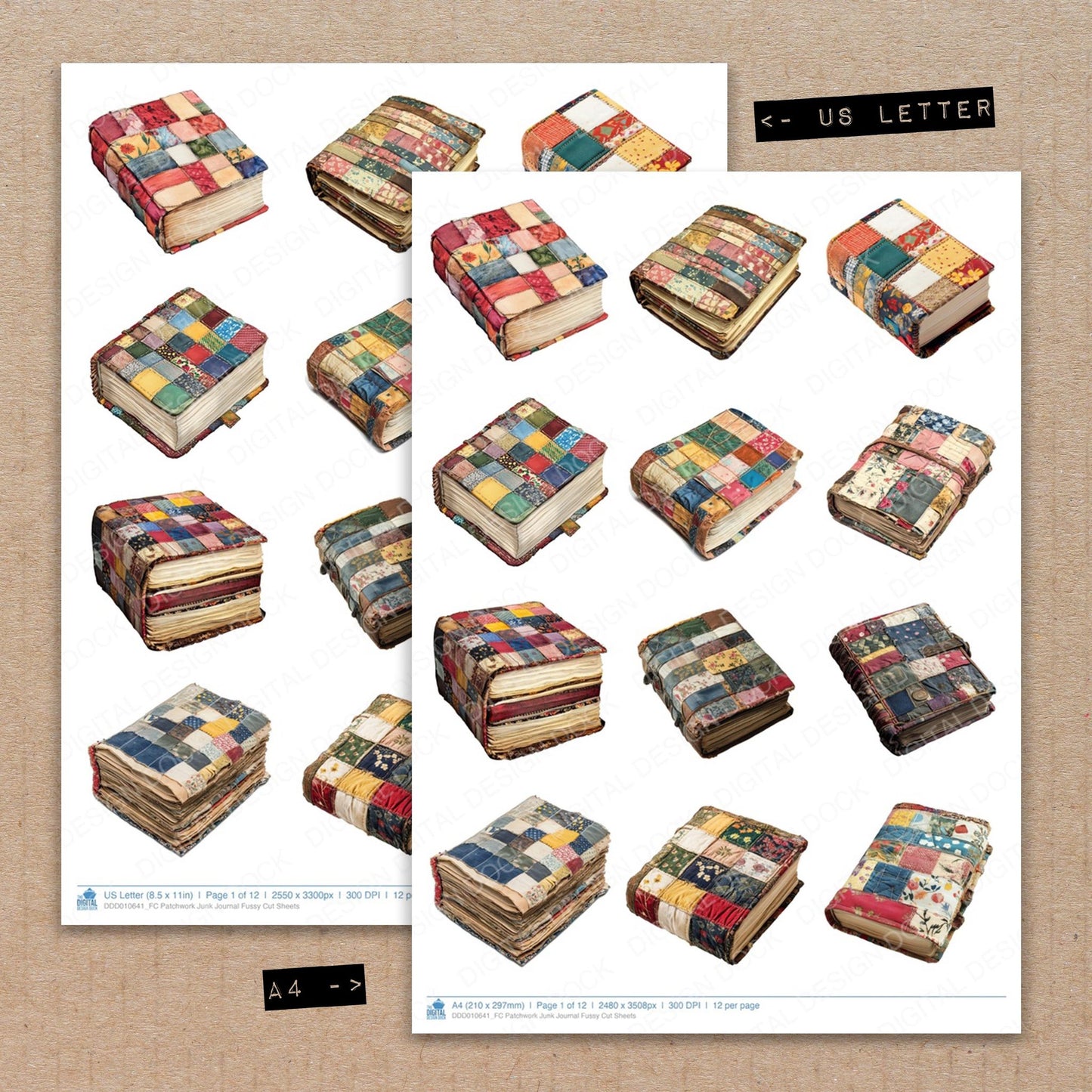 A4 and US Letter format comparison showing Patchwork Junk Journal fussy cut pages for print and cut crafting