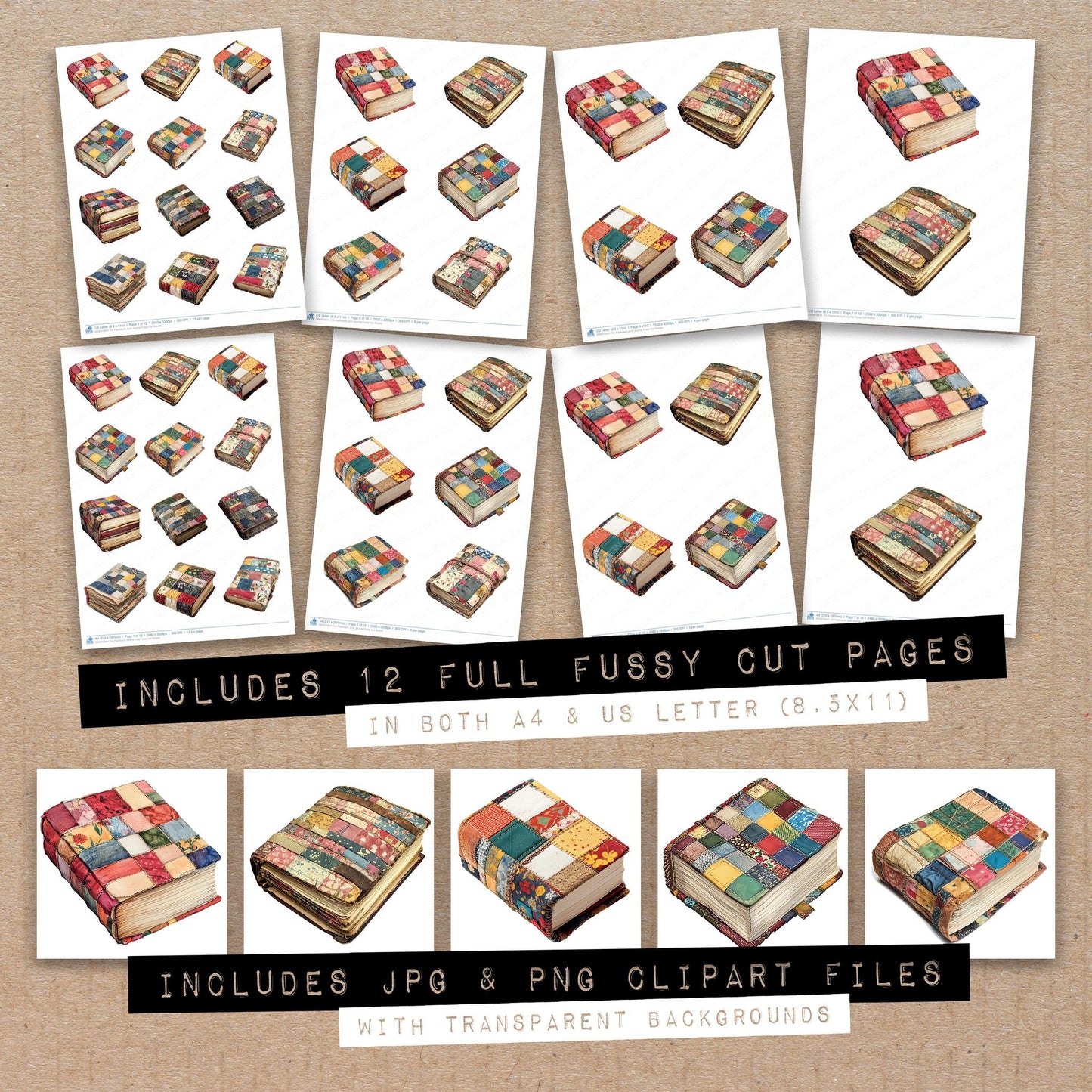 Full collection view of Patchwork Junk Journal fussy cut sheets with bonus clipart JPG and PNG files