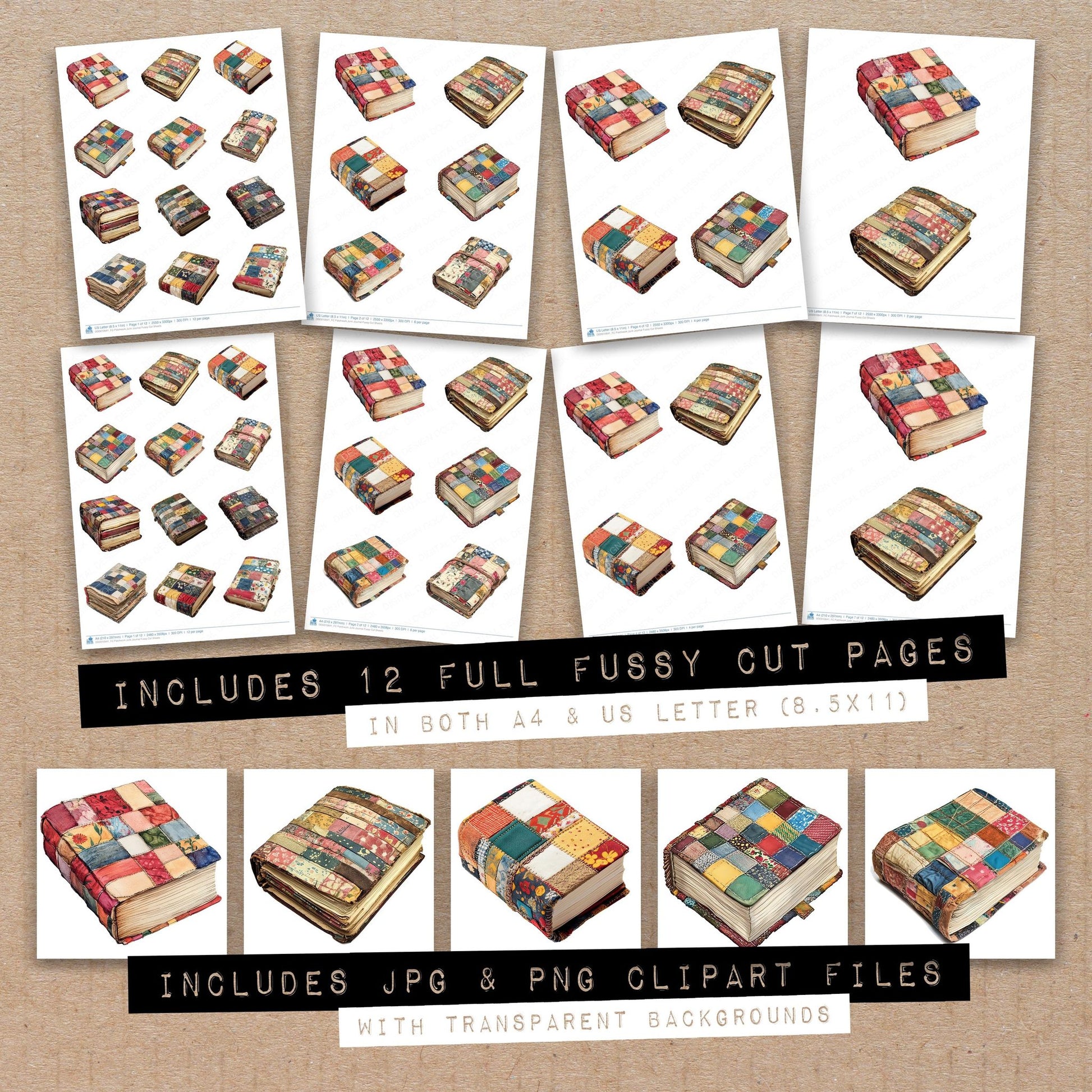 Full collection view of Patchwork Junk Journal fussy cut sheets with bonus clipart JPG and PNG files