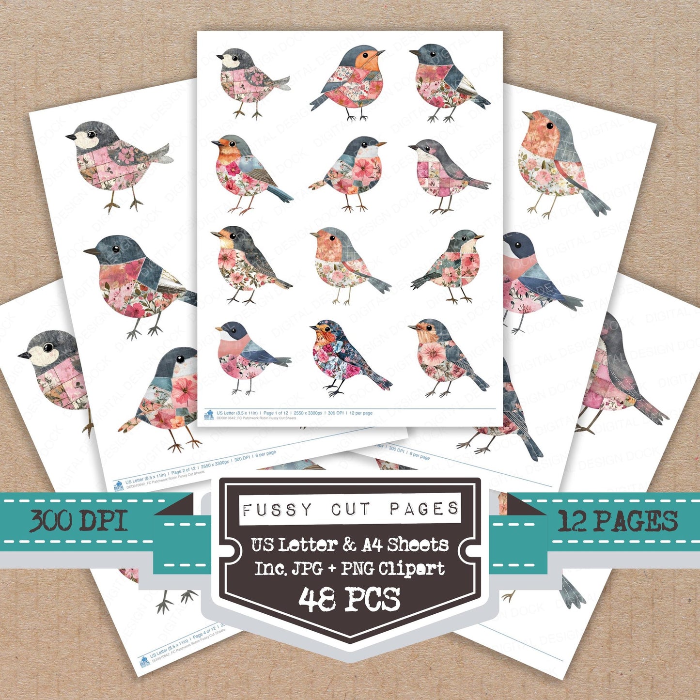 Patchwork Robin fussy cut printable sheets for junk journaling, scrapbooking, and paper craft projects