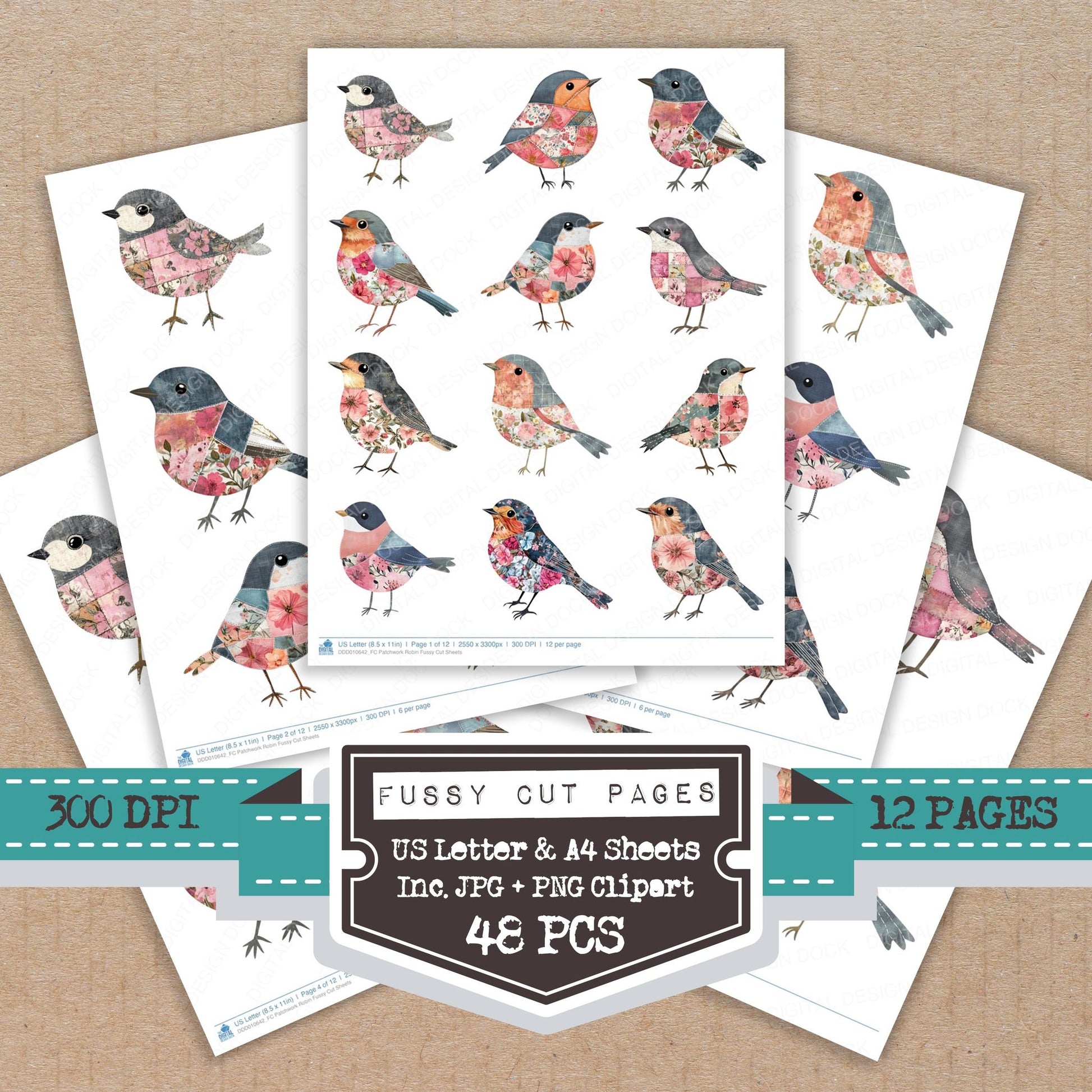 Patchwork Robin fussy cut printable sheets for junk journaling, scrapbooking, and paper craft projects
