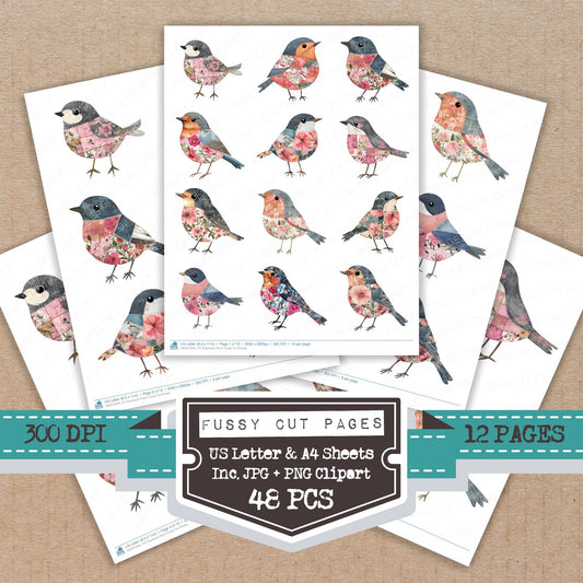 Patchwork Robin fussy cut printable sheets for junk journaling, scrapbooking, and paper craft projects