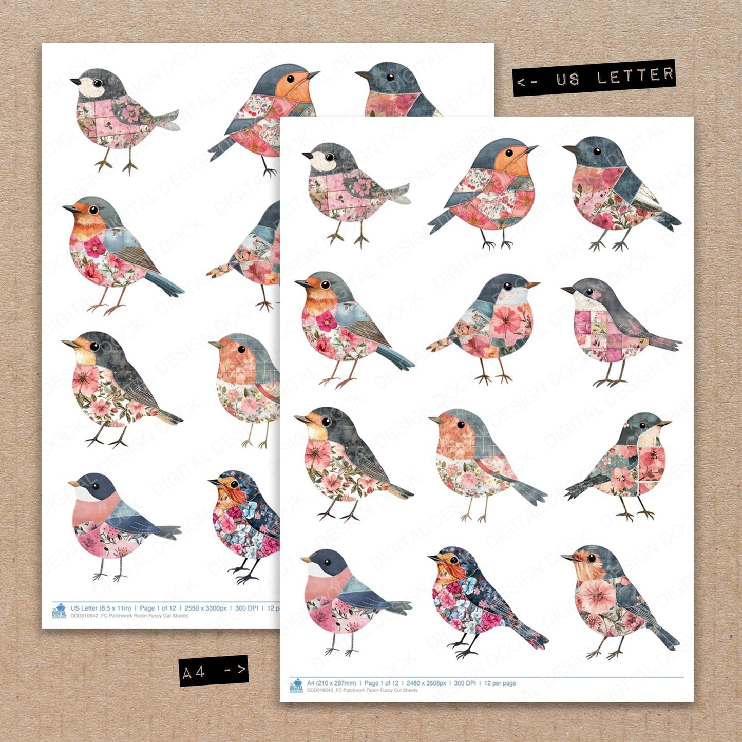 A4 and US Letter format comparison showing Patchwork Robin fussy cut pages for print and cut crafting