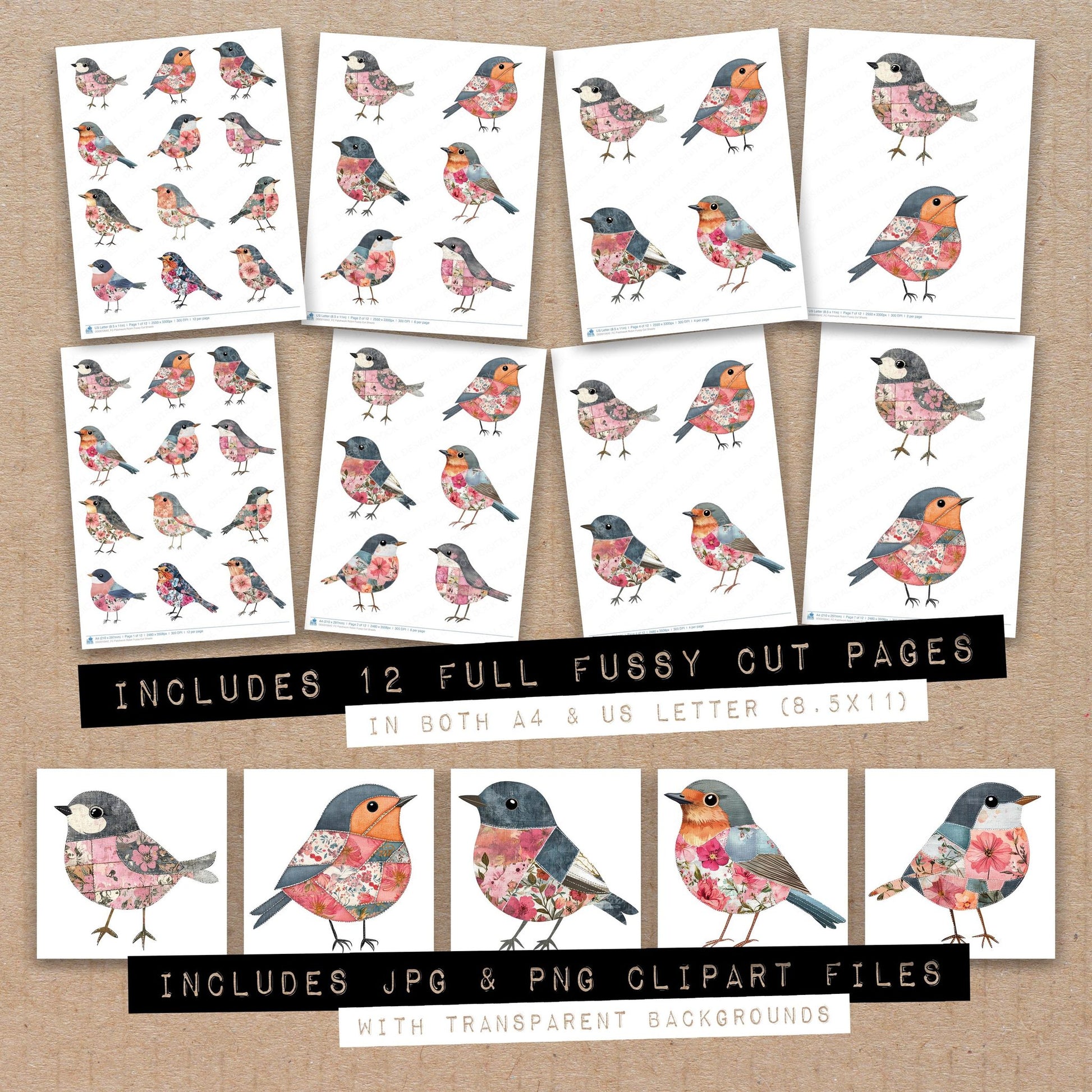 Full collection view of Patchwork Robin fussy cut sheets with bonus clipart JPG and PNG files