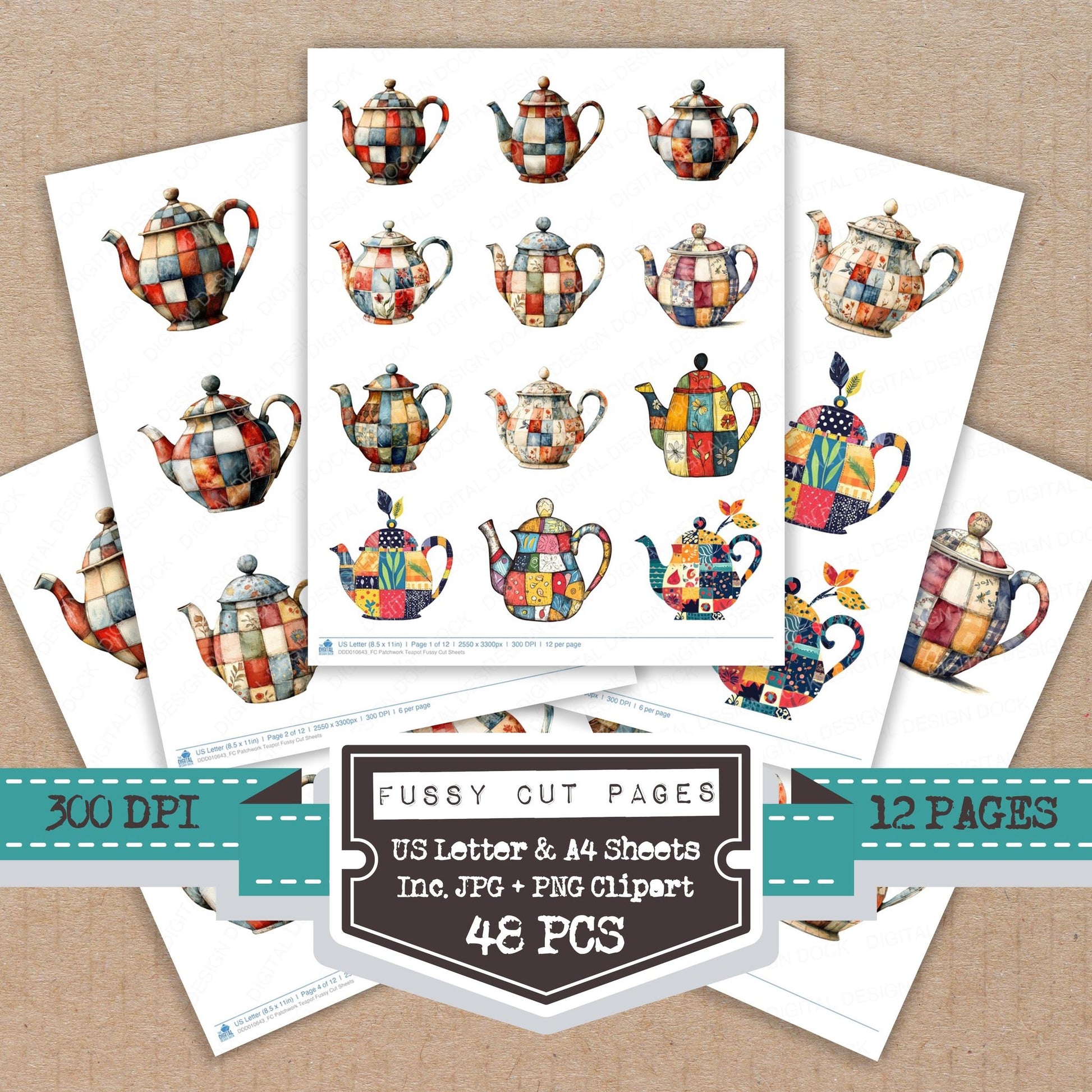 Patchwork Teapot fussy cut printable sheets for junk journaling, scrapbooking, and paper craft projects