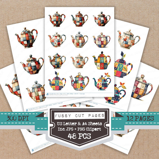 Patchwork Teapot fussy cut printable sheets for junk journaling, scrapbooking, and paper craft projects
