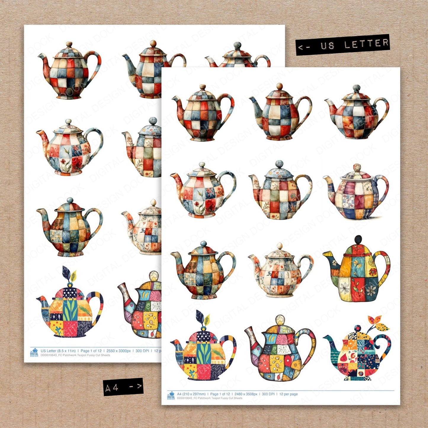 A4 and US Letter format comparison showing Patchwork Teapot fussy cut pages for print and cut crafting